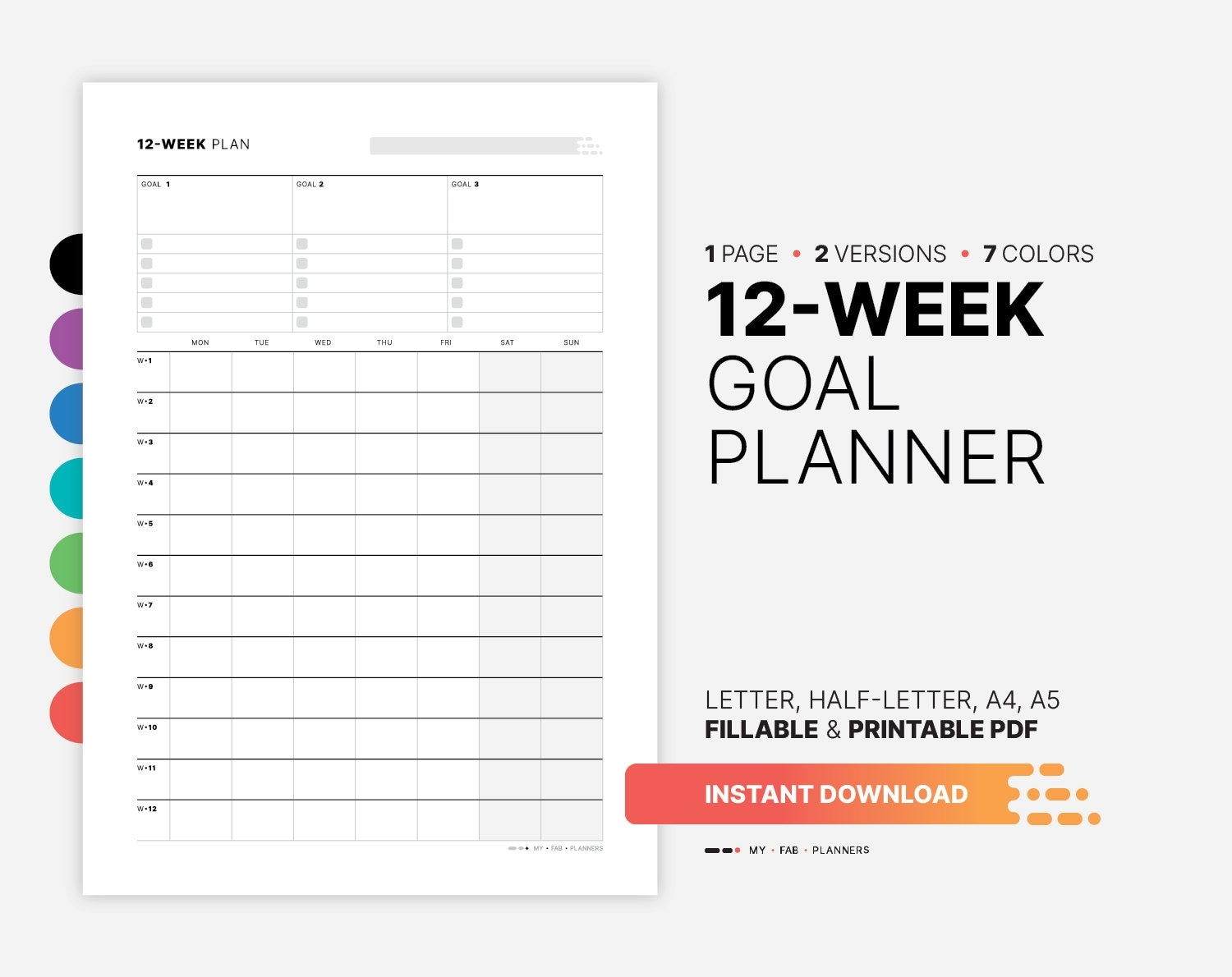 12 week Goal Planner Fillable Work U0026 Productivity Tracker 