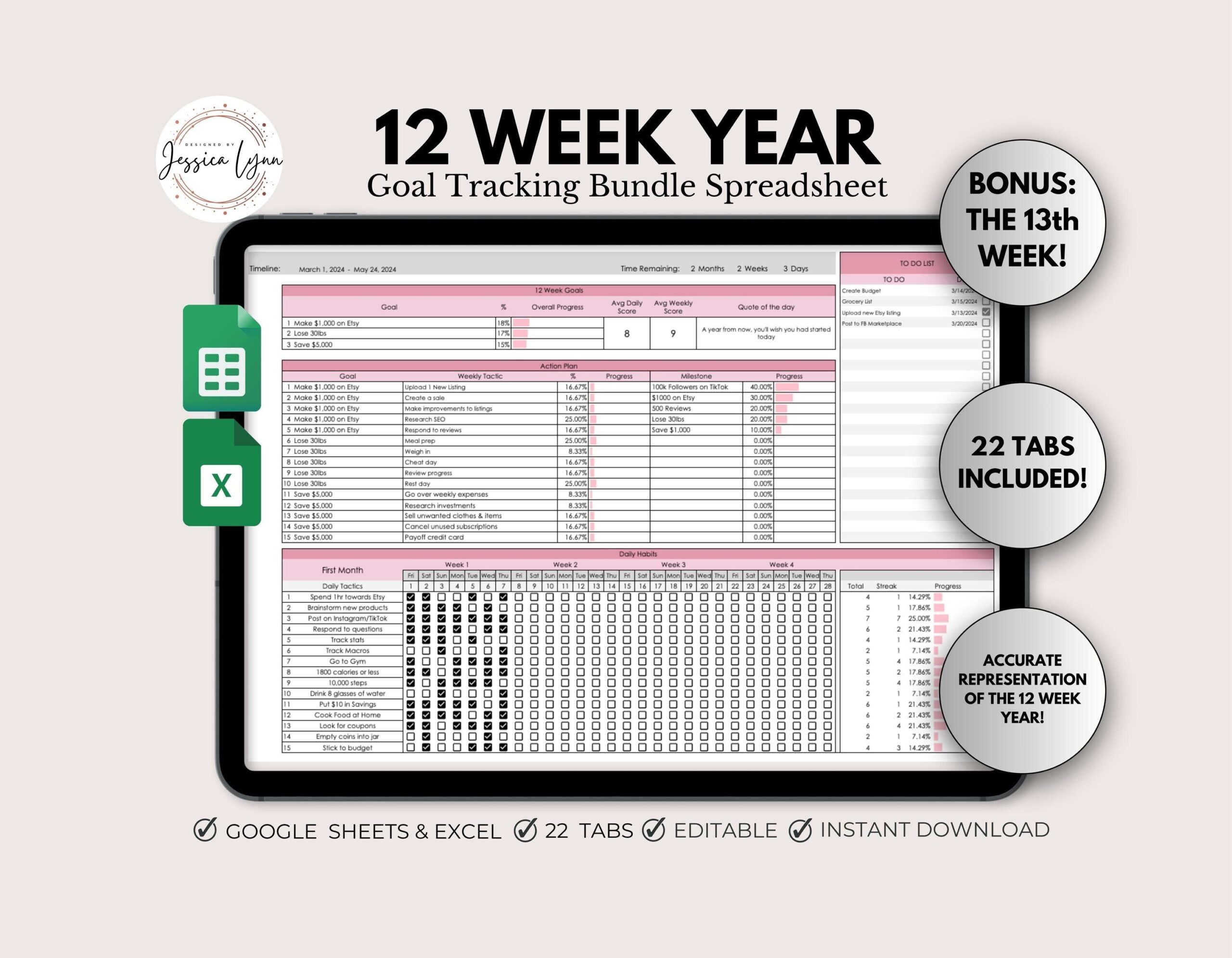 12 Week Year Goal Planner Spreadsheet Google Sheets Quarterly Goal Planner Goal Setting Workbook Time Blocking Digital 12 Week Year Etsy