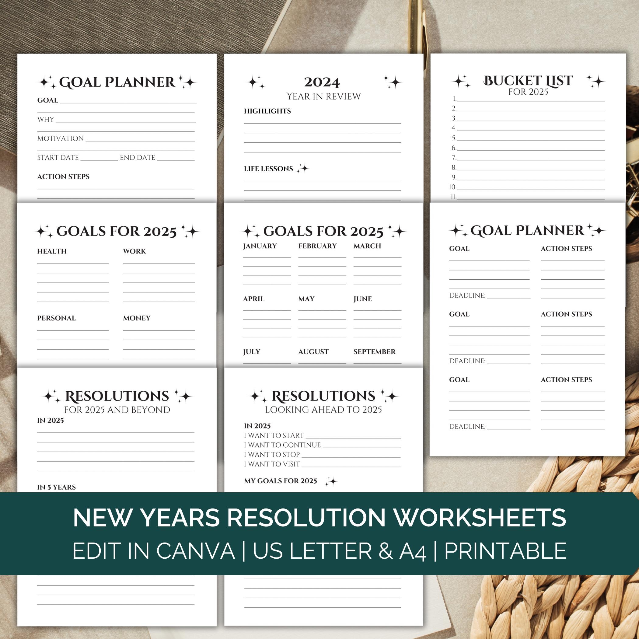 2025 New Years Resolution Worksheets New Year Resolution Goal Setting Worksheets Adults Goal Planning Workbook Intention Canva Template Etsy