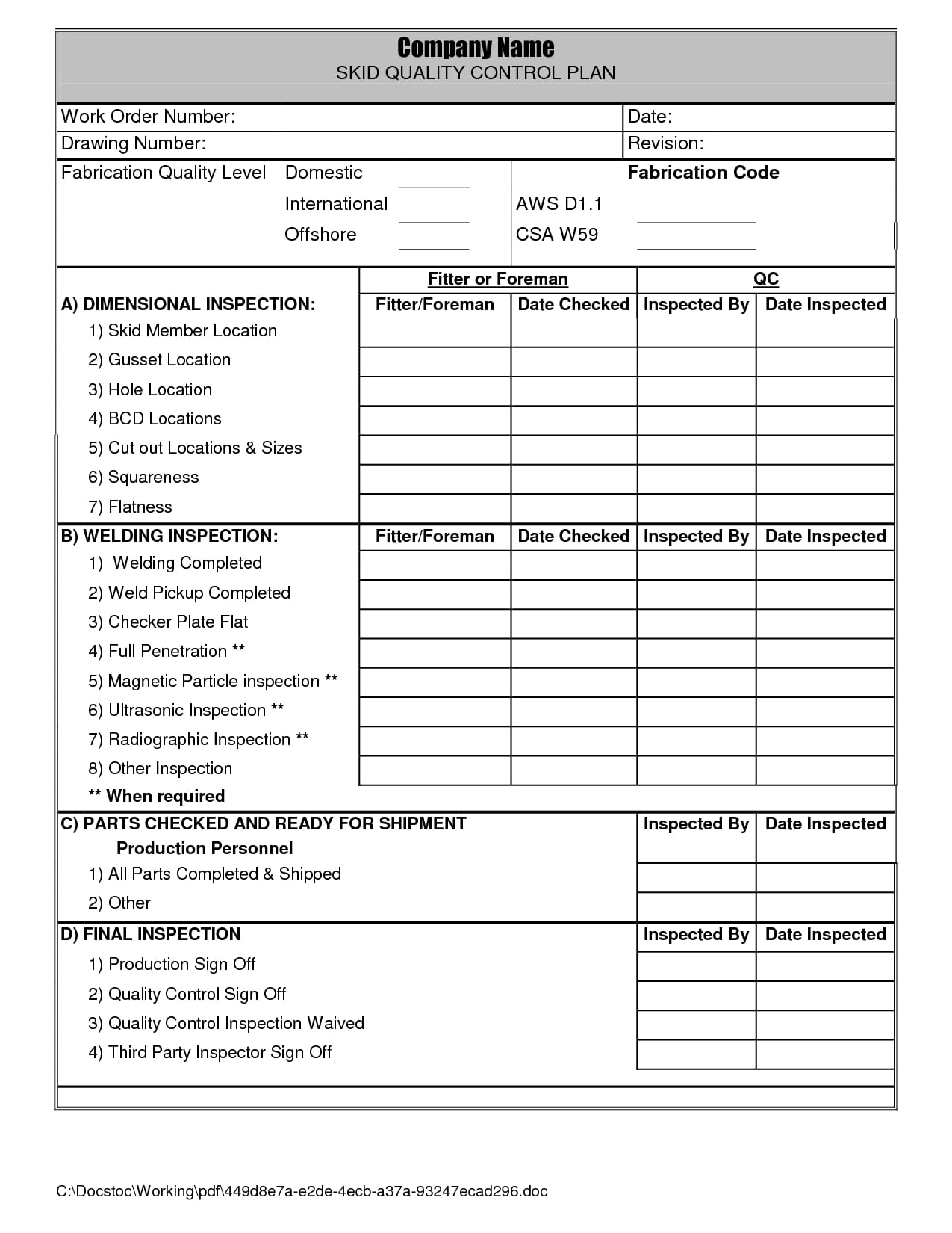 Quality Plan Template