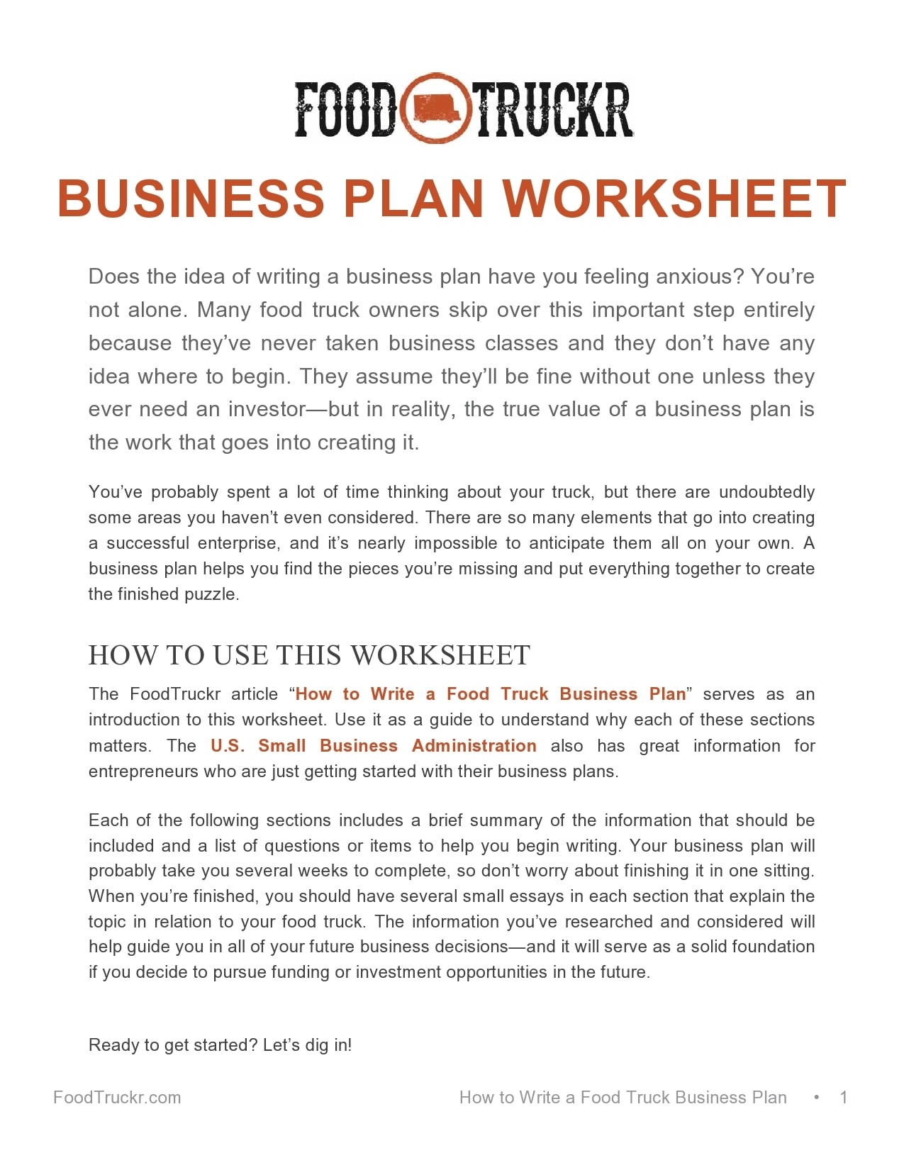 Business Plan For Food Truck Template