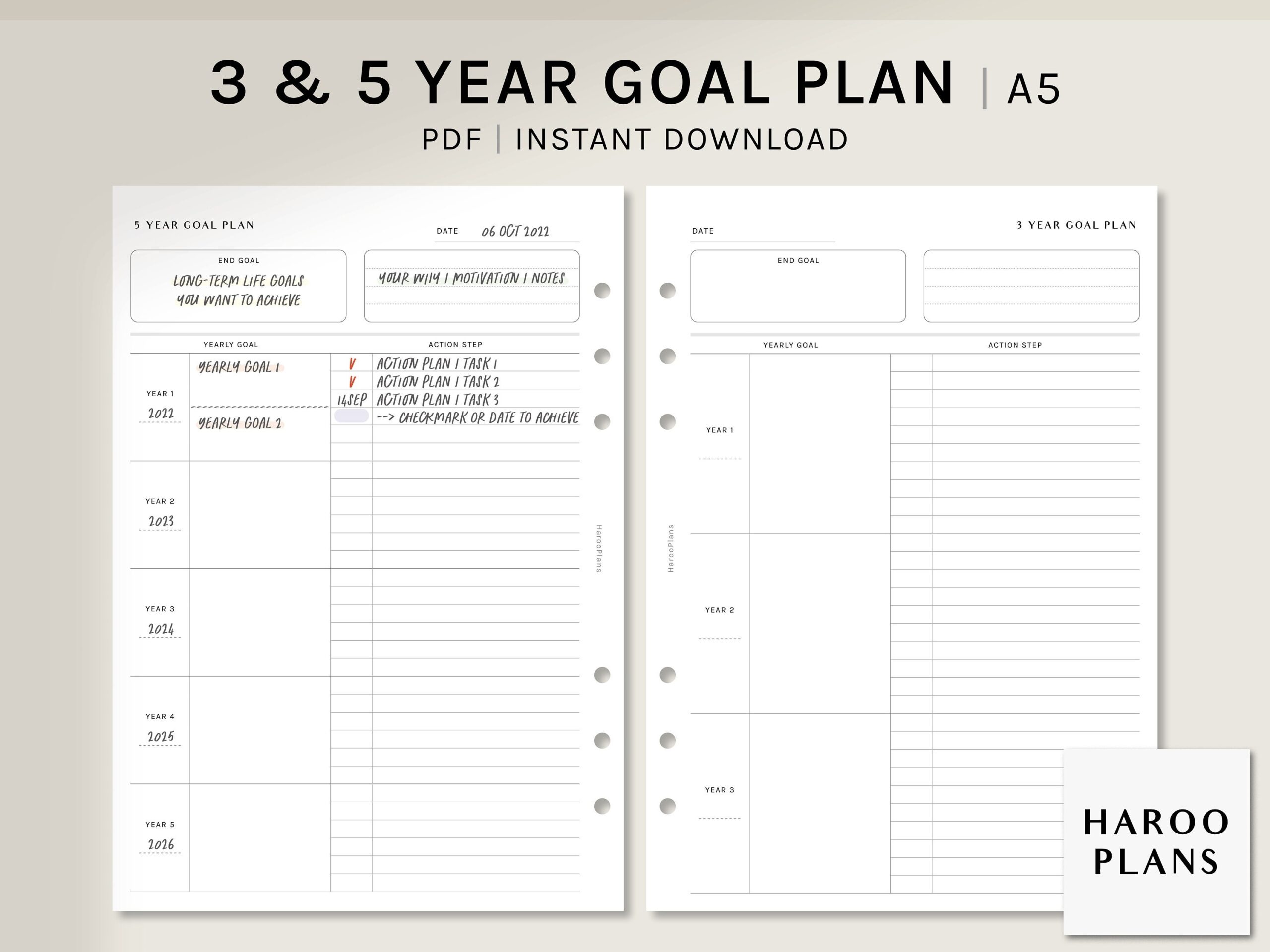 3 And 5 Year Goal Planner A5 Printable Inserts Life Goal Action Plan Template Yearly Goal Setting Organizer PDF Digital Download Etsy