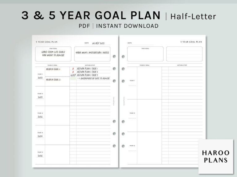 3 And 5 Year Goal Planner Half letter Printable Inserts Life Action Plan Template Yearly Goal Setting Organizer PDF Digital Download Etsy
