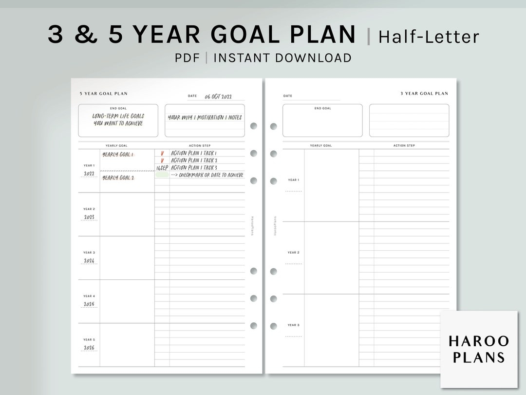 3 And 5 Year Goal Planner Half letter Printable Inserts Life Action Plan Template Yearly Goal Setting Organizer PDF Digital Download Etsy