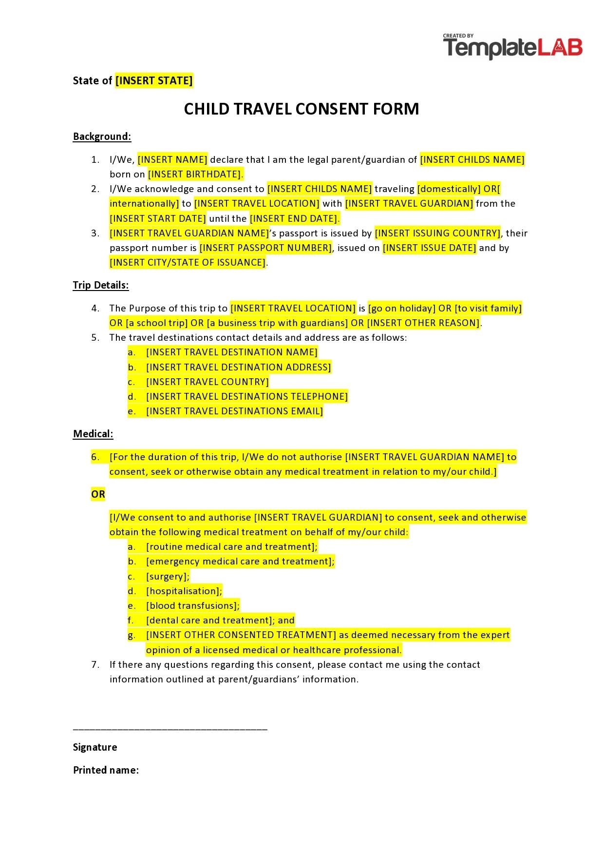 45 Printable Child Travel Consent Forms Word U0026 PDF 