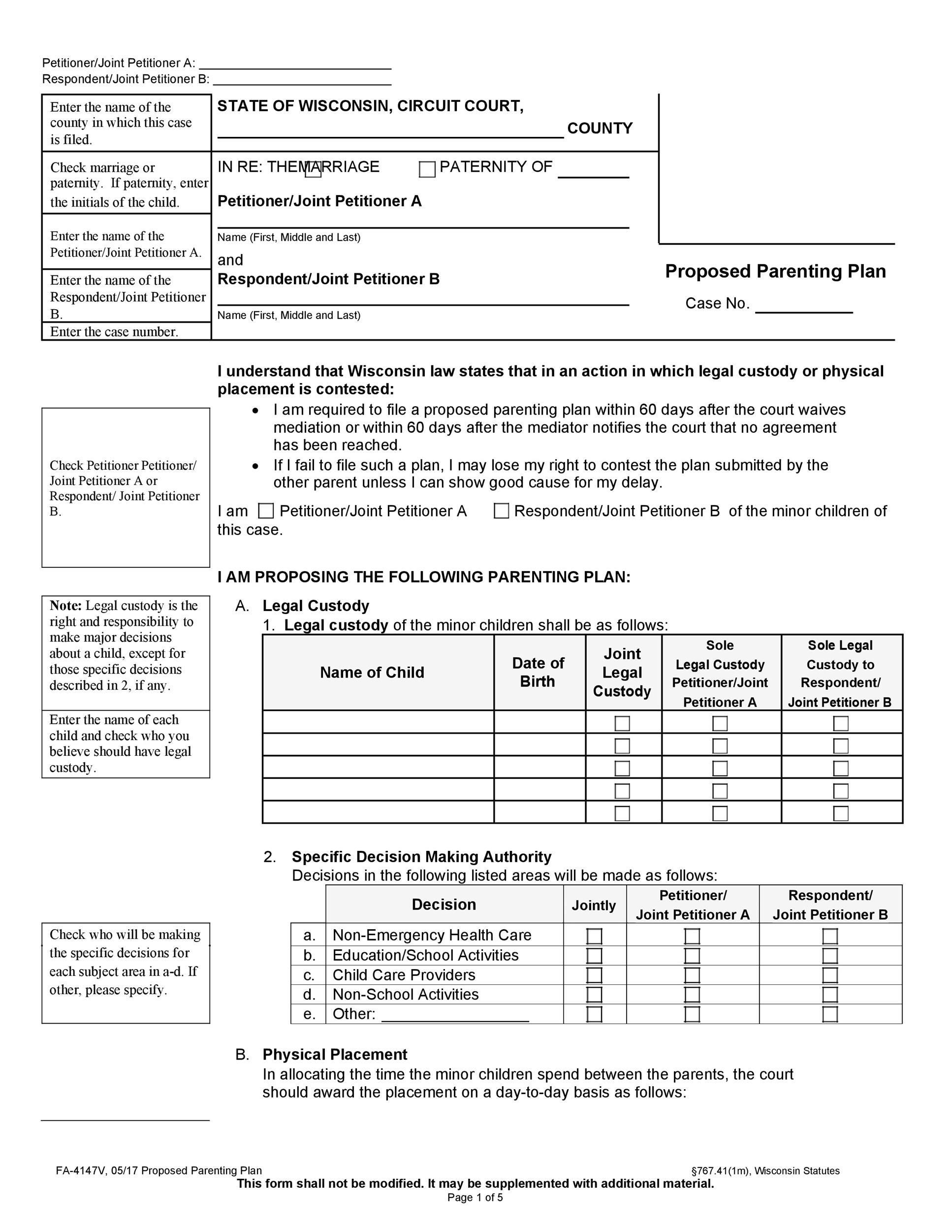 49 FREE Parenting Plan U0026 Custody Agreement Templates