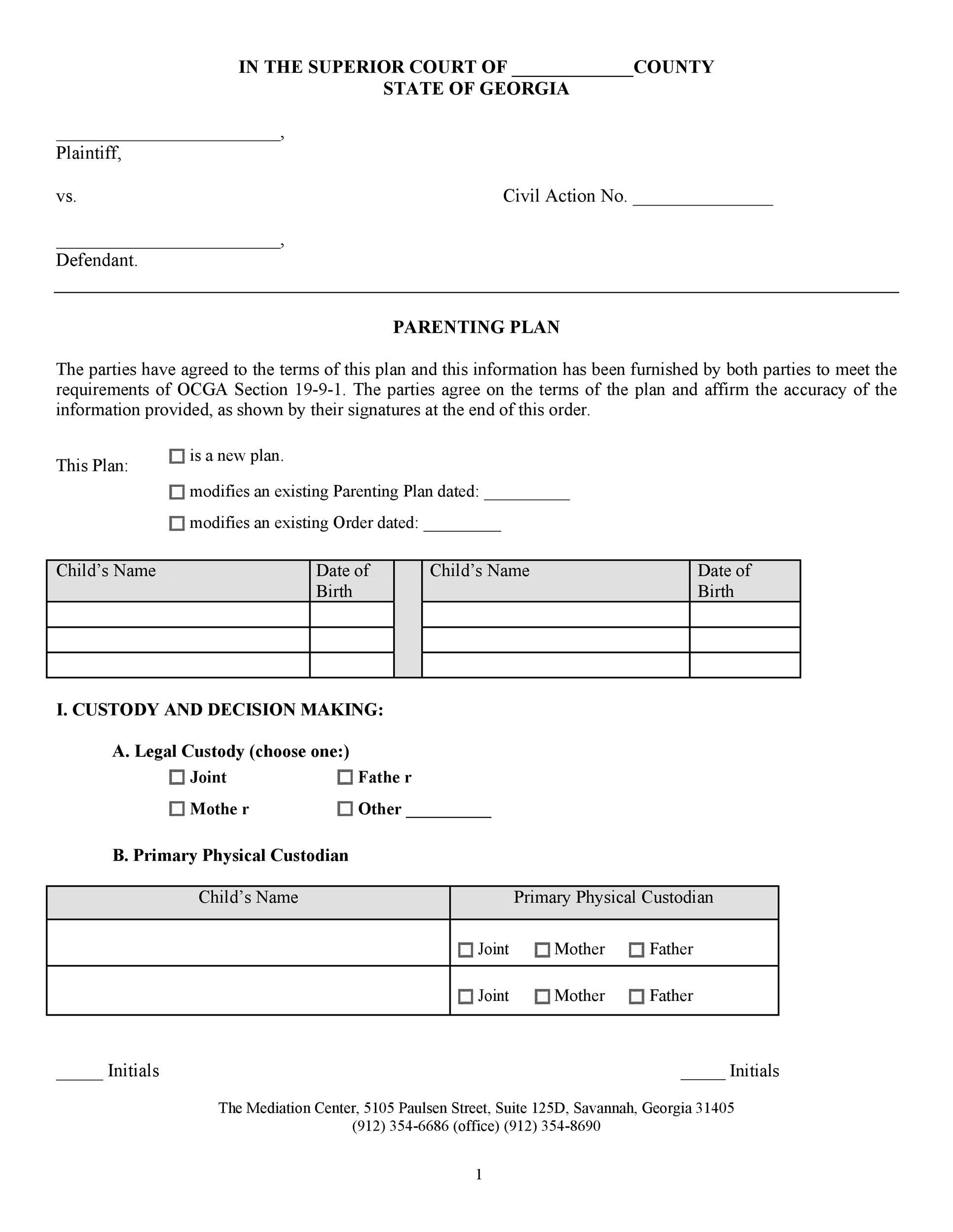 49 FREE Parenting Plan U0026 Custody Agreement Templates