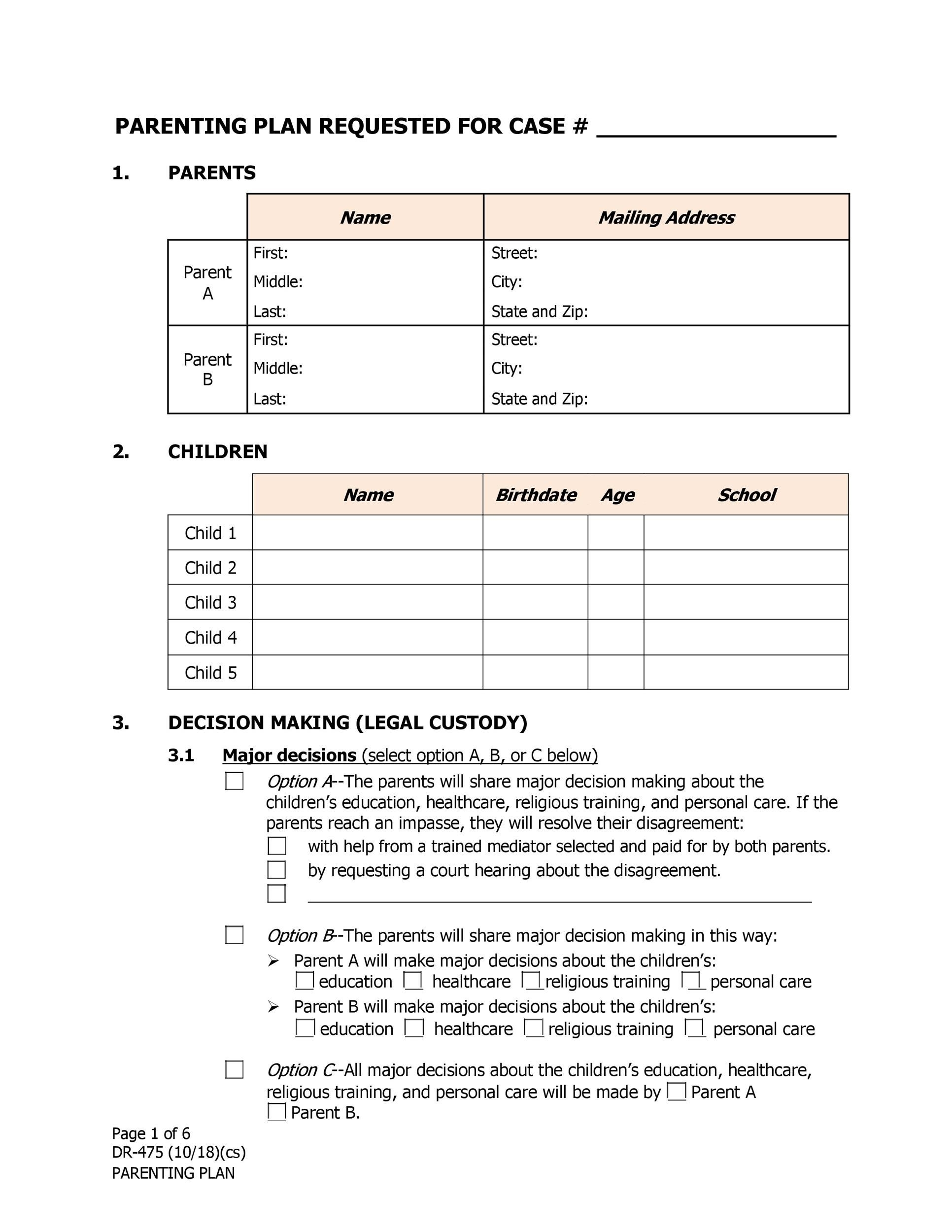 Parenting Plan Template Oregon