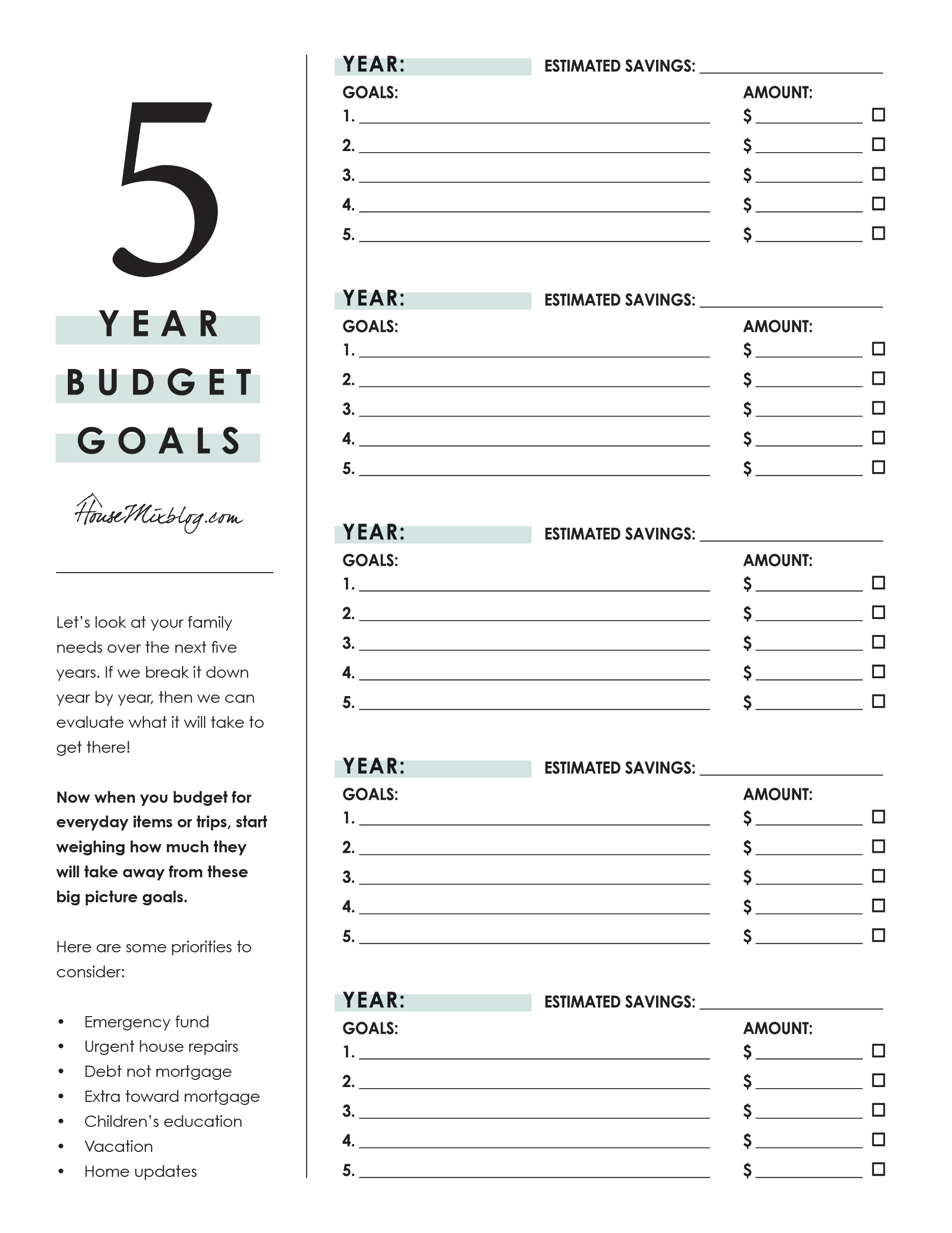 5 Year Budget Plan Printable House Mix