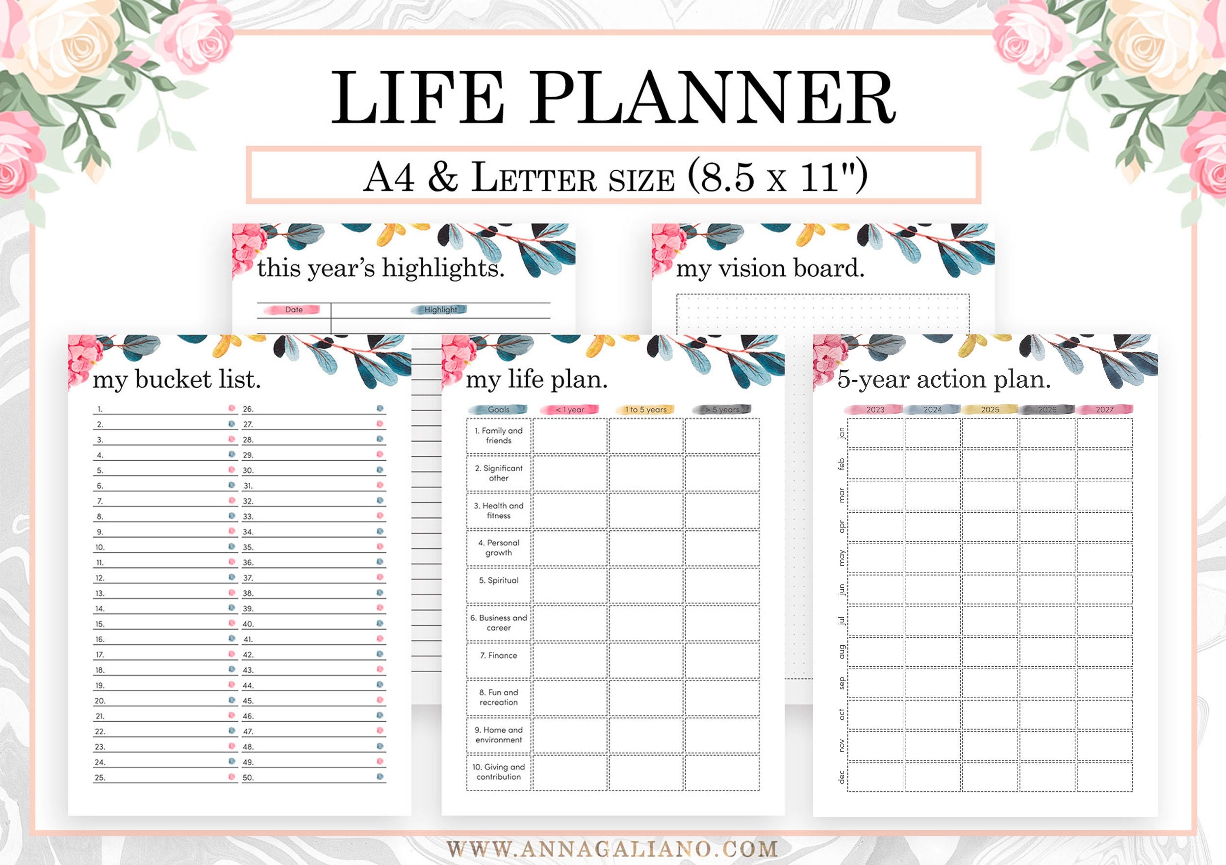 5 year Life Planner Printable New Year Resolutions Highlights 