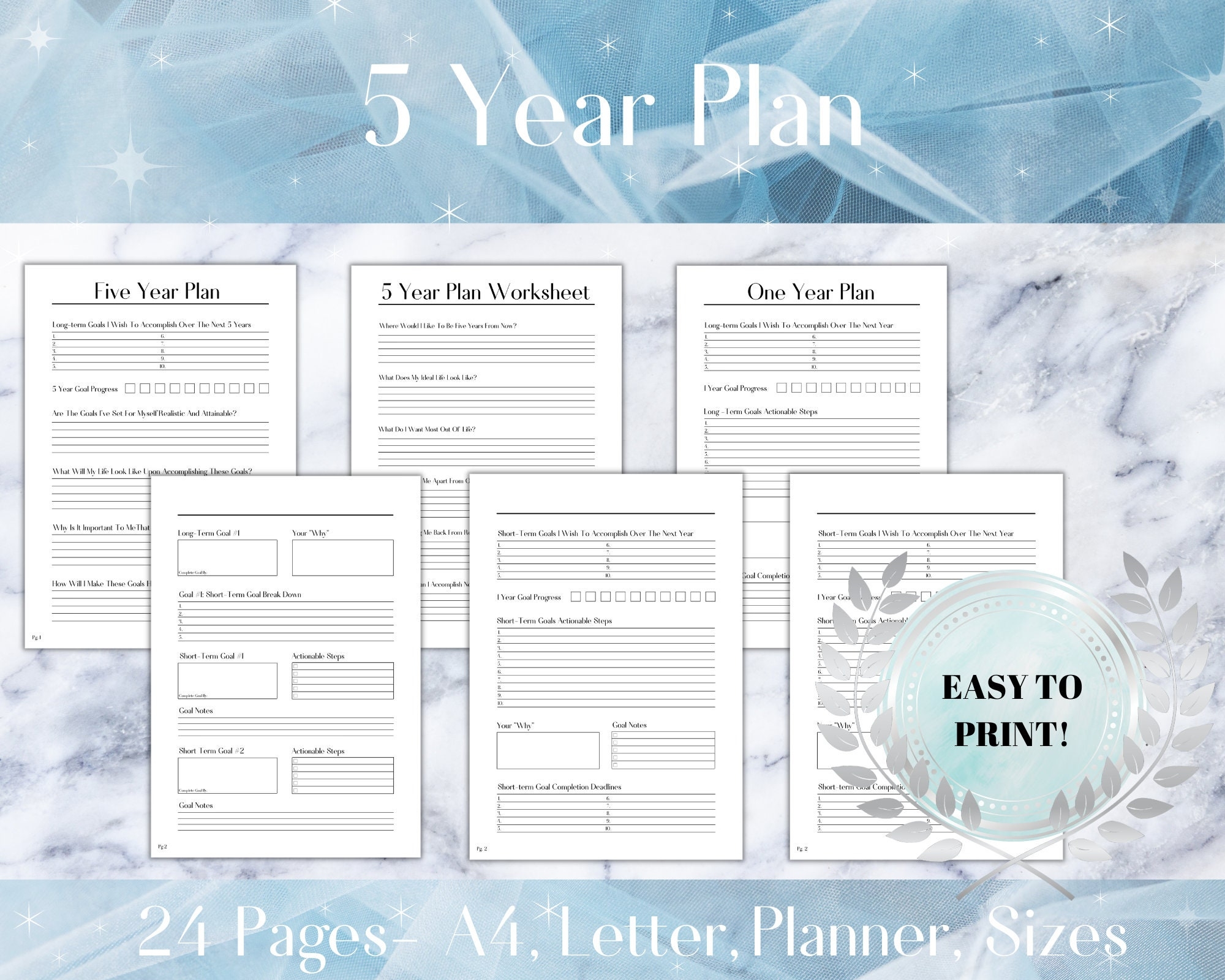 5 Year Plan Printable 5 Year Goal Planner Worksheet Yearly Goal Tracker 5 Year Goal Tracker 5 Year Life Goal Planner