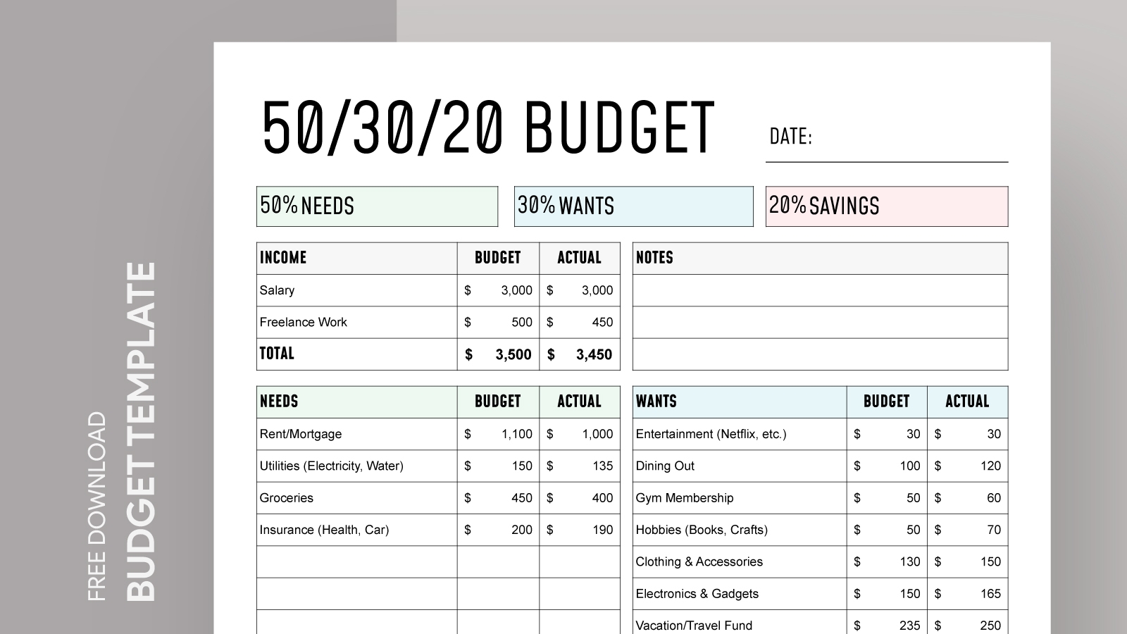 50 30 20 Budget Free Google Sheets U0026 Excel Template Gdoc io