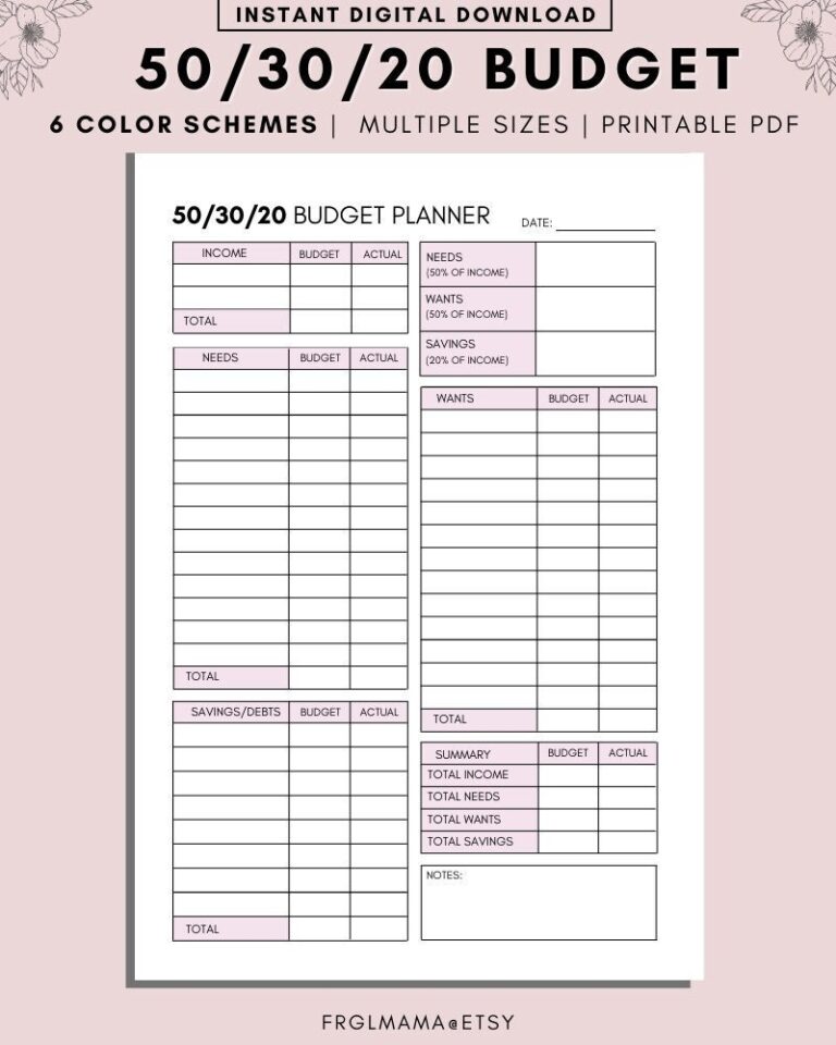 50 30 20 Budget Overview Template Printable Monthly Budget 