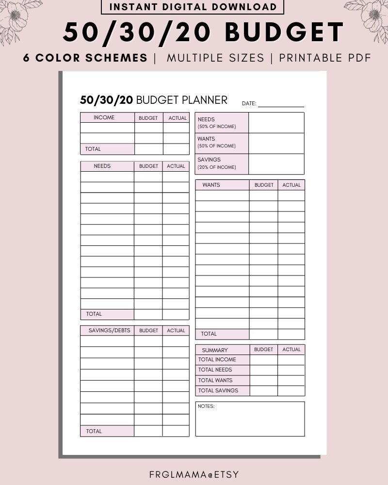 50 30 20 Budget Overview Template Printable Monthly Budget 