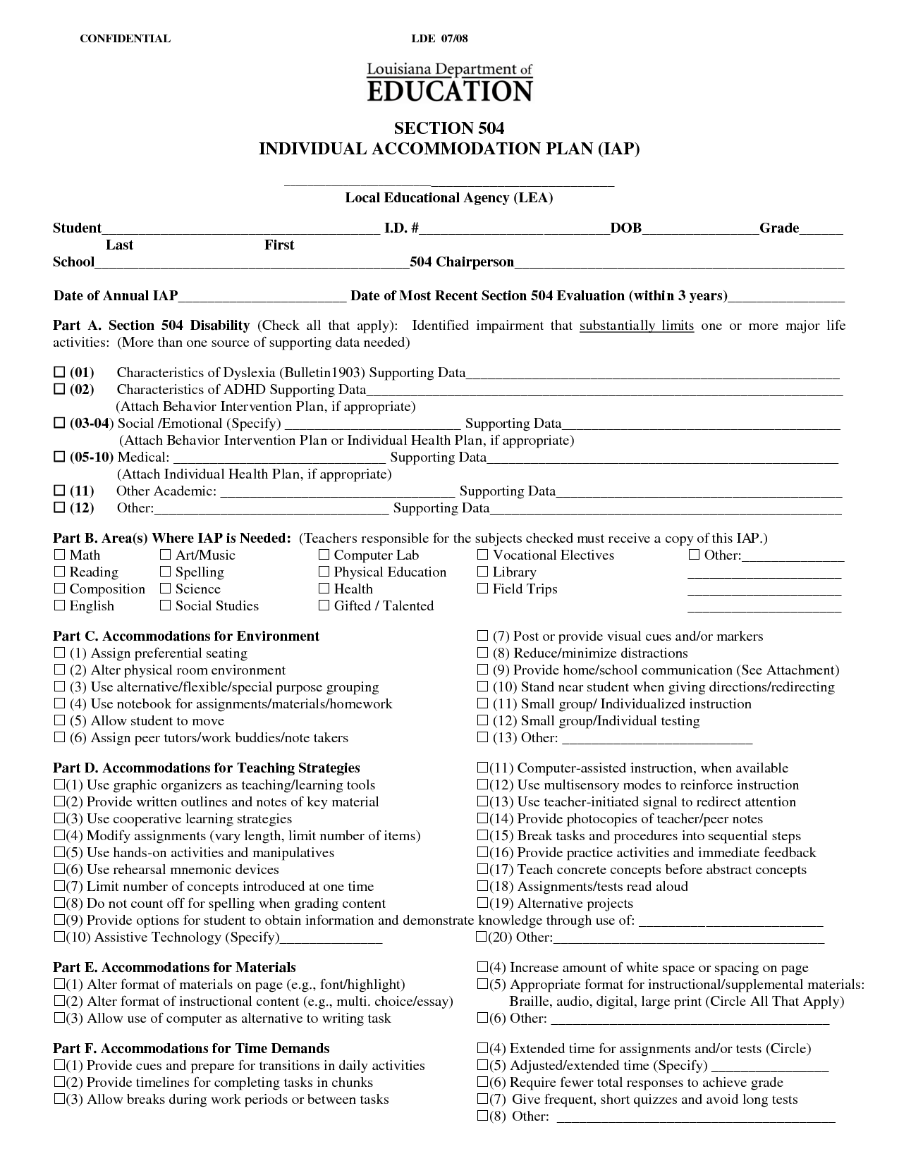 504 Plan Template Adhd