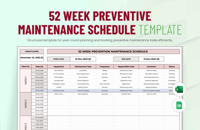 52 Week Preventive Maintenance Schedule Template In Excel Google