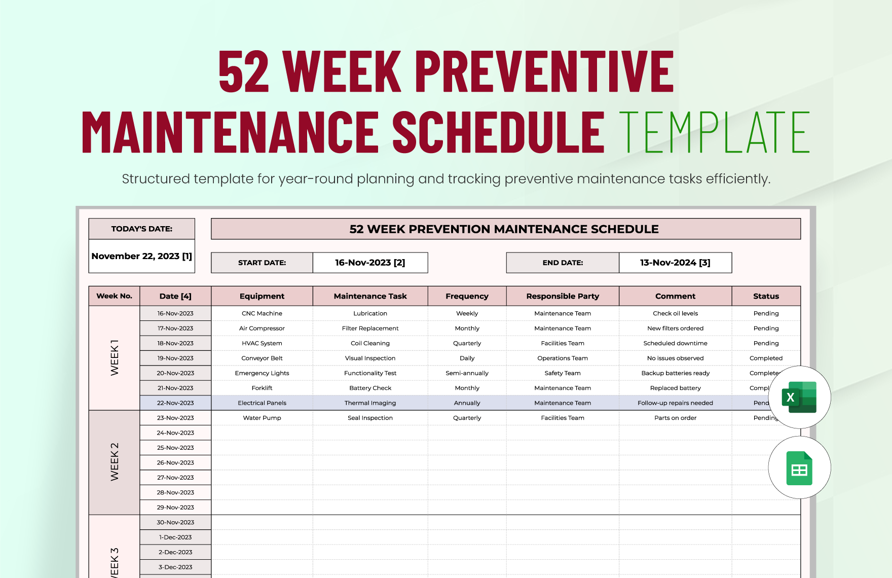 52 Week Preventive Maintenance Schedule Template In Excel Google 