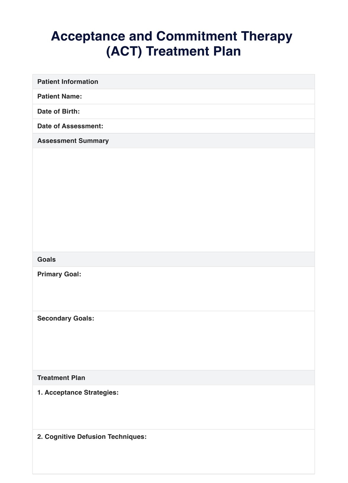 ACT Treatment Plan U0026 Example Free PDF Download