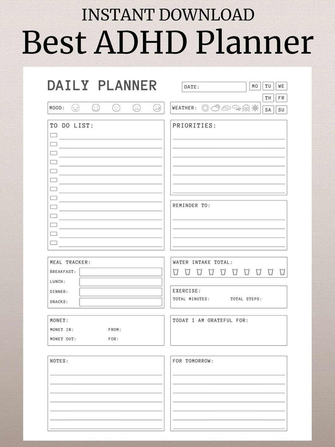 ADHD Daily Planner Printable Hourly Planner Organized Planner ADHD Planner Printable Planner Downloadable Planner Digital Planner Etsy UK