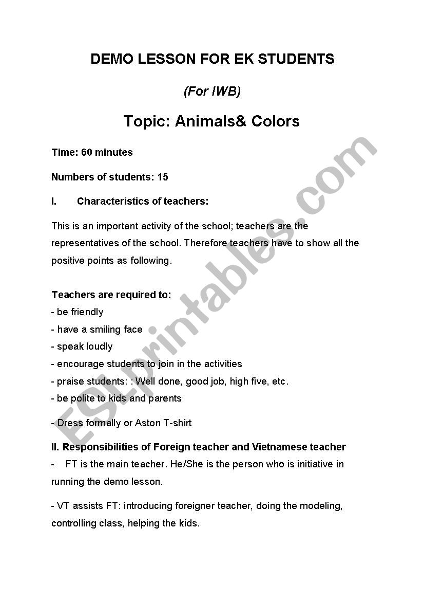 Animals Demo Lesson Plan ESL Worksheet By Hannguy0284