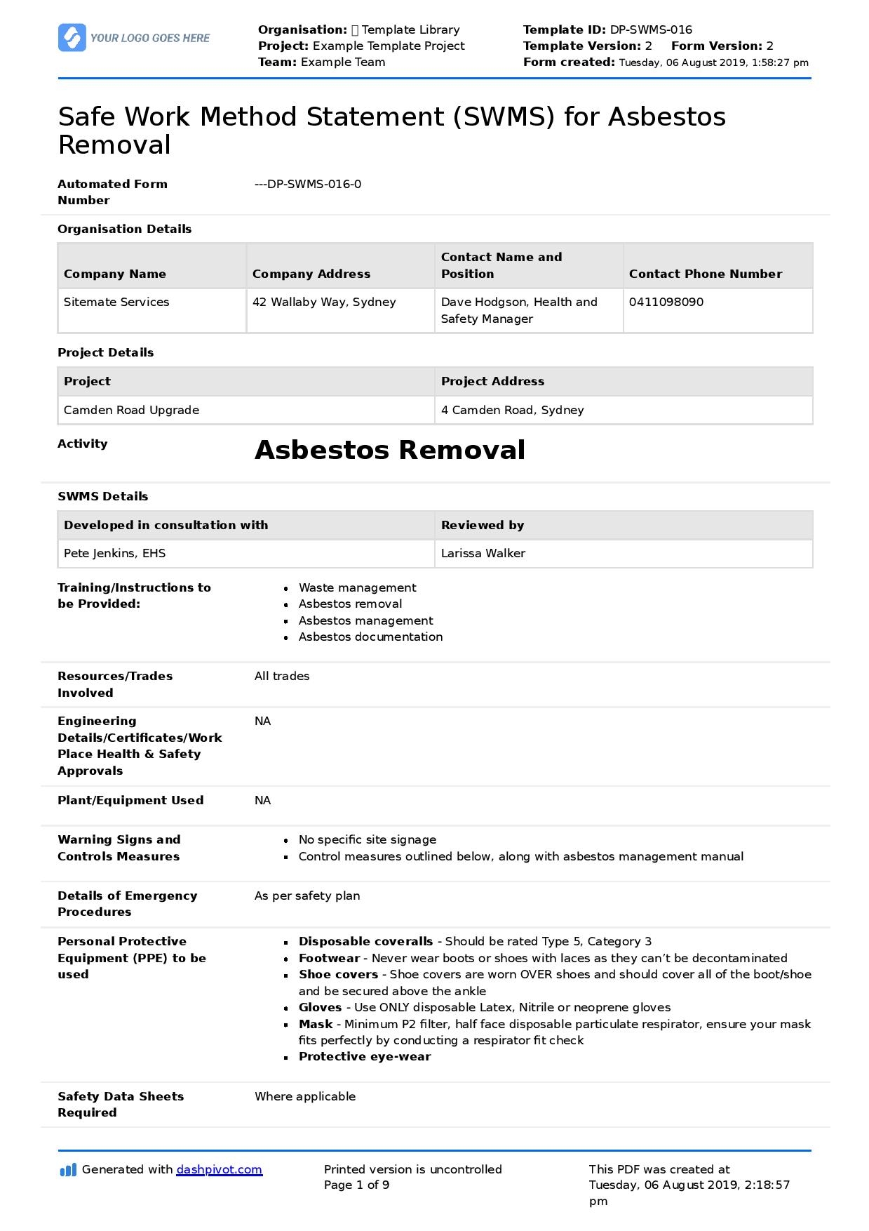 Asbestos Safe Work Method Statement For Asbestos Removal Etc 