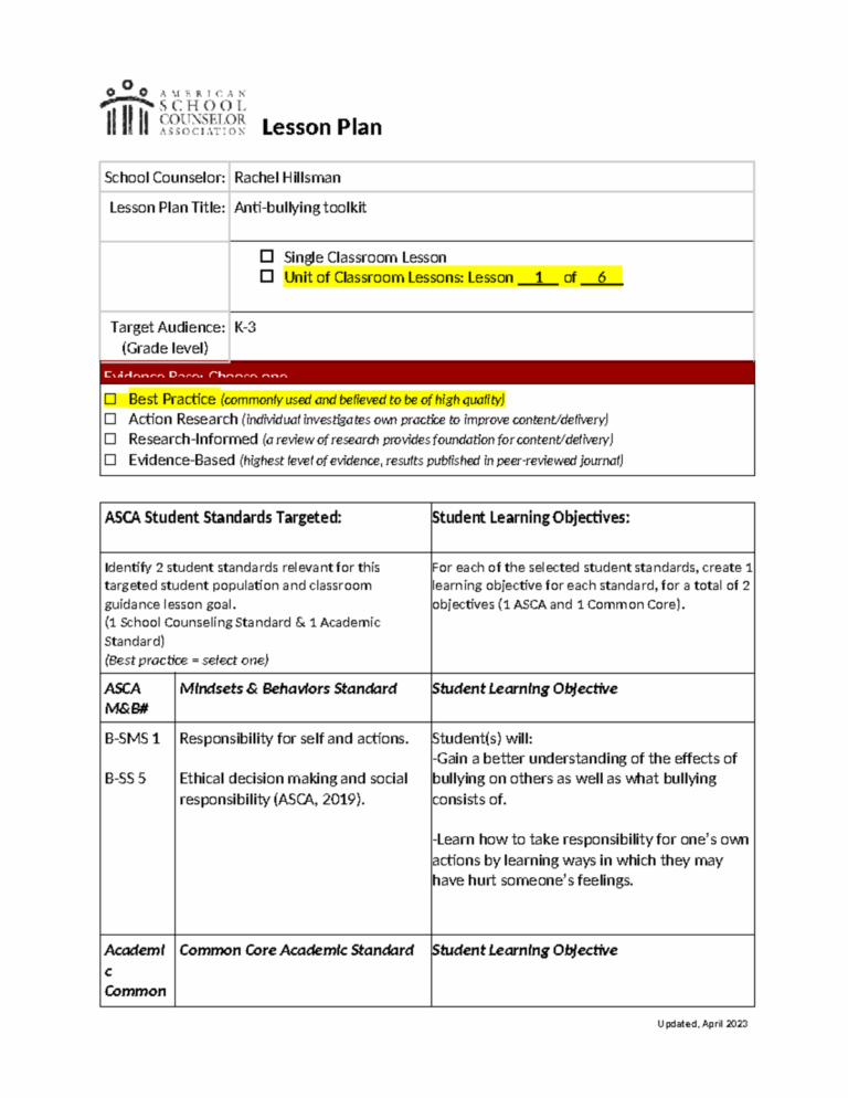ASCA Lesson Plan Assignment Lesson Plan School Counselor Rachel