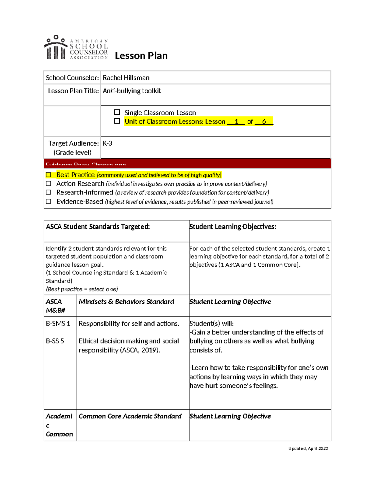 ASCA Lesson Plan Assignment Lesson Plan School Counselor Rachel 