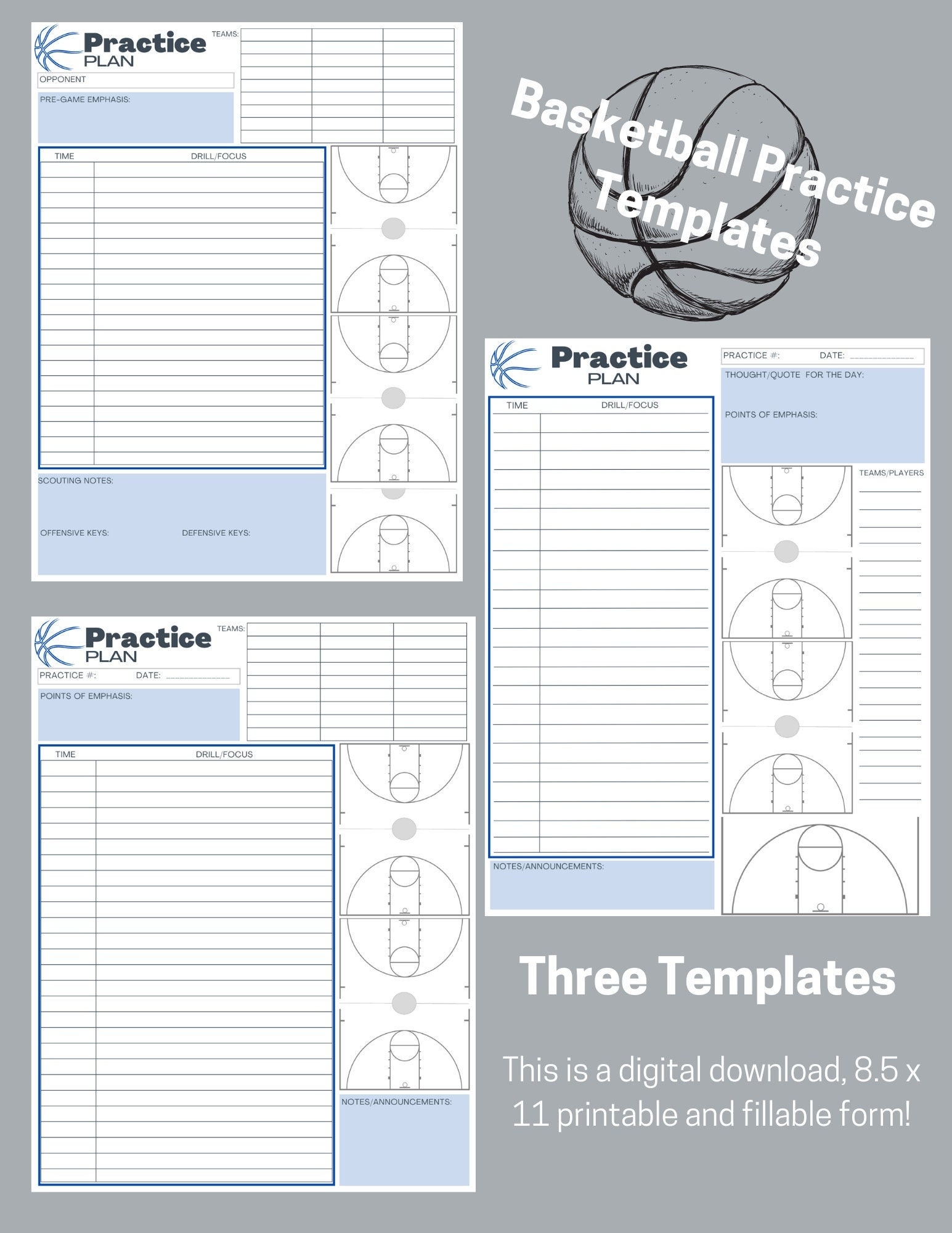 Basketball Practice Plan Templates 3 Digital Download Blue 