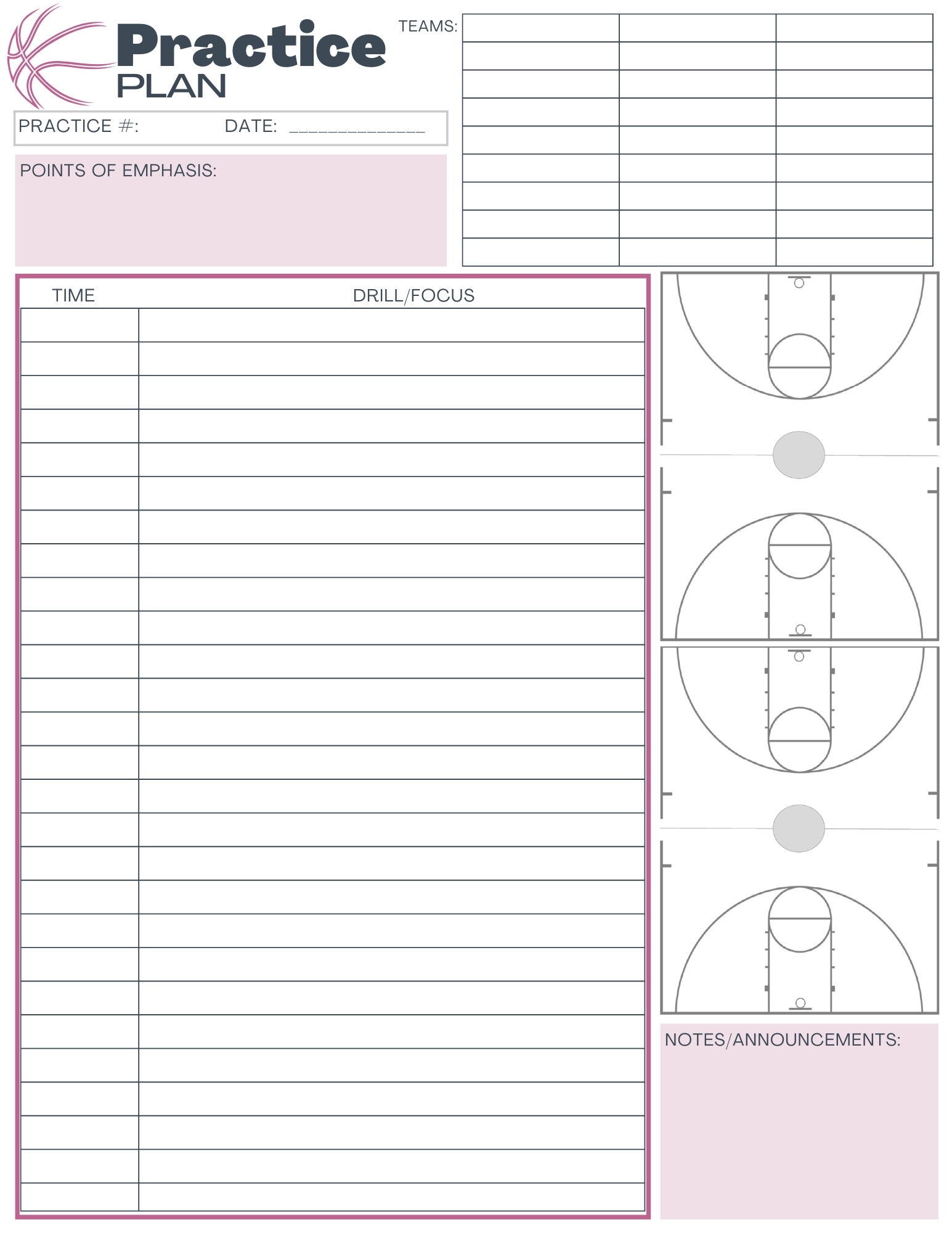 Basketball Practice Plan Templates 3 Digital Download Pink Etsy