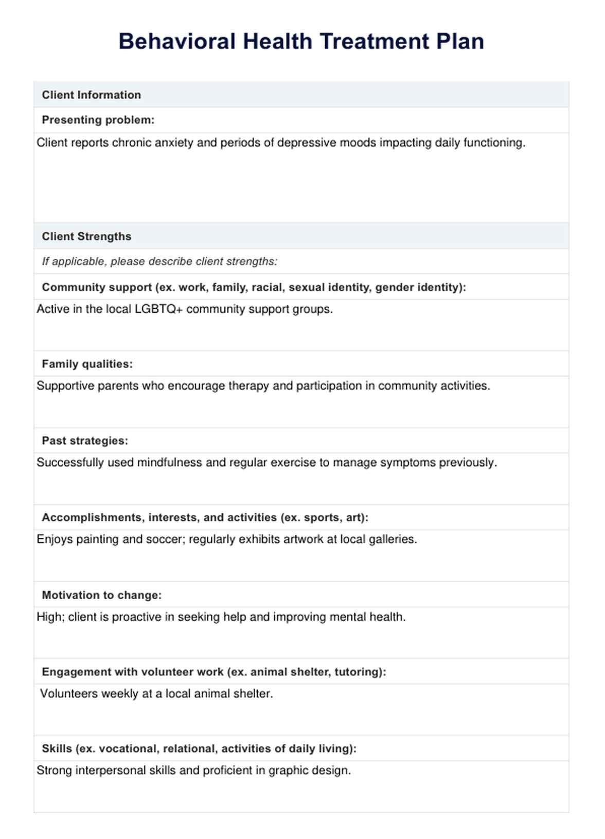 Behavioral Health Treatment Plan U0026 Example Free PDF Download