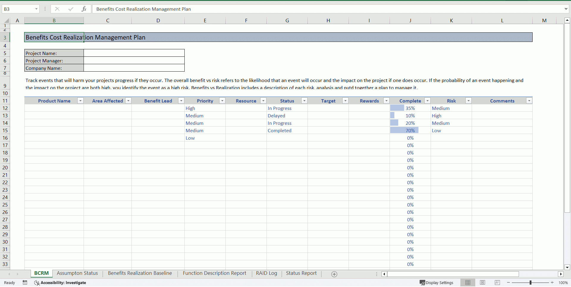 Benefits Cost Realization Management Plan Template Excel