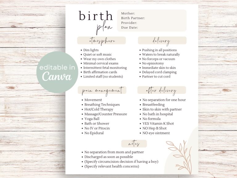 Birth Plan Template Editable Birth Preferences On Canva 