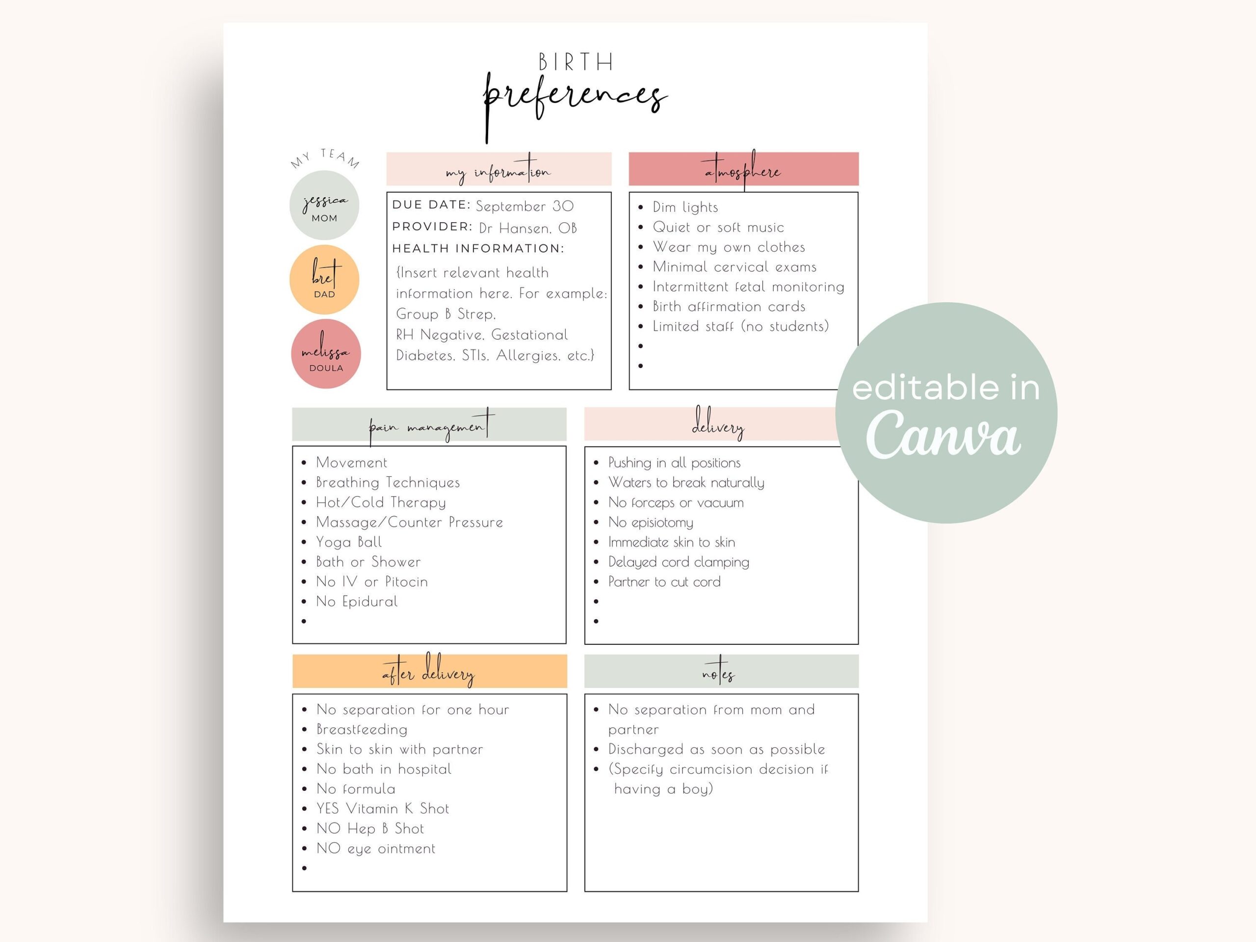 Birth Plan Template Editable Printable Birth Preferences On Canva Birthing Plan Template Birth Plan Checklist Natural Birth Boho Rainbow Etsy