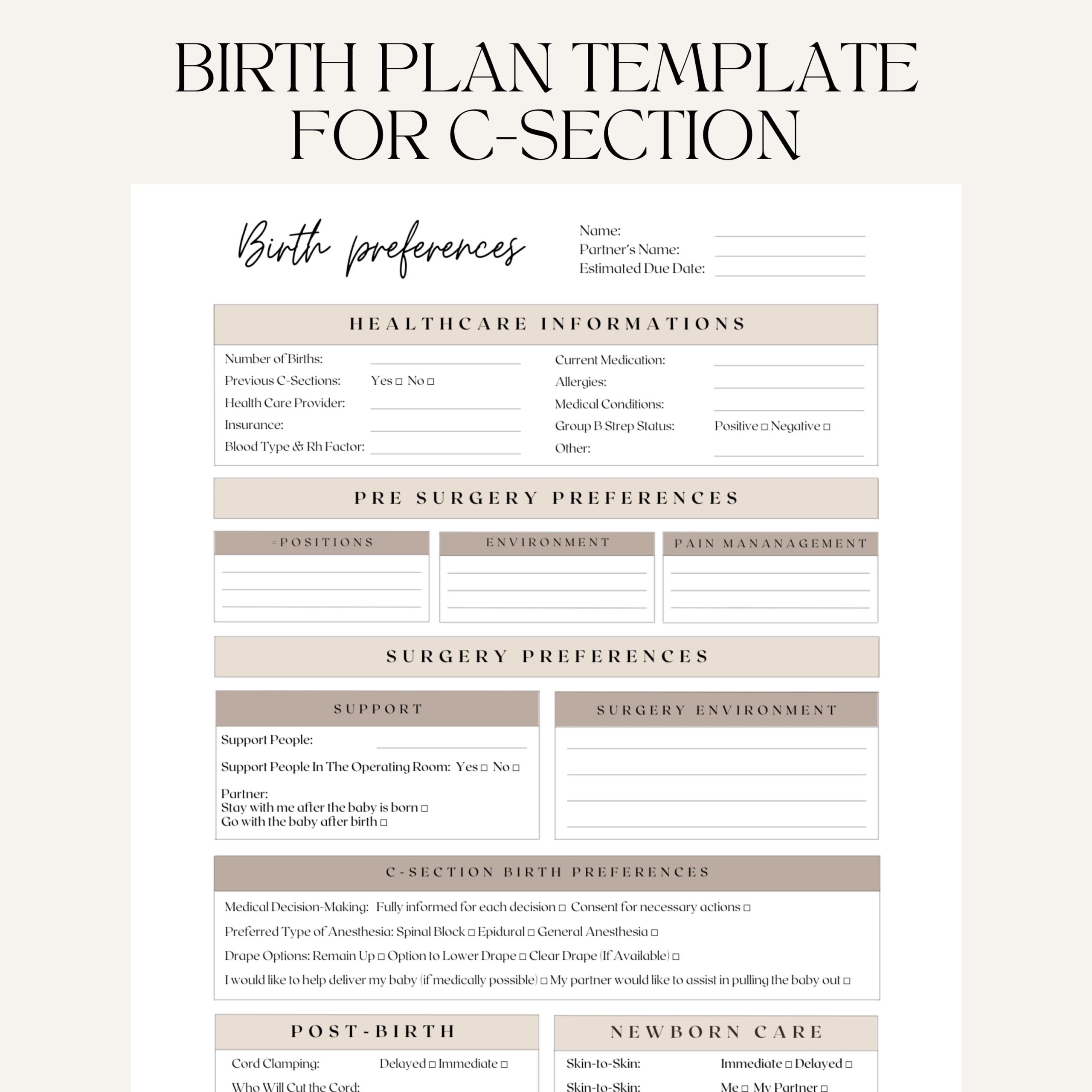 Birth Plan Template For C section Perfect For Doula Midwife New 