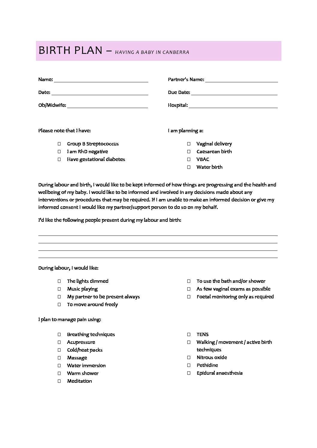 Birth Plan Template Word Document