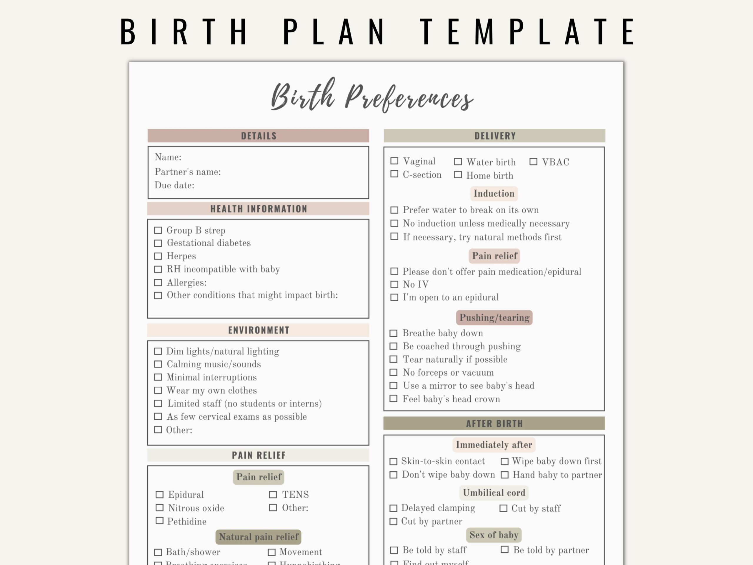 Birth Plan Template Printable Editable Neutral Colors Etsy UK