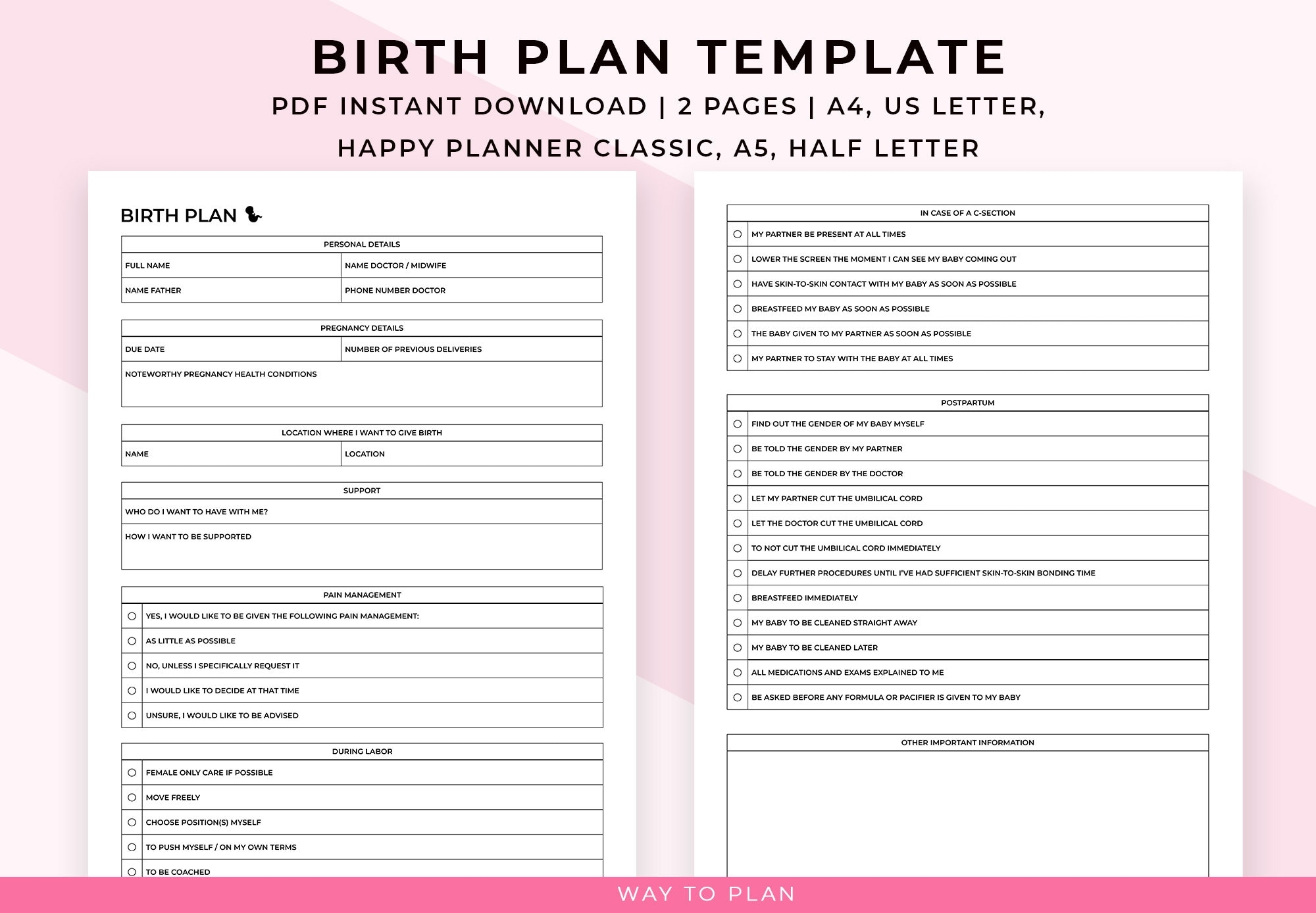 Birth Plan Template Printable My Birth Plan Preferences Simple Natural Birth Plan Example Checklist Choices C section Birth Plan Sheet PDF Etsy UK