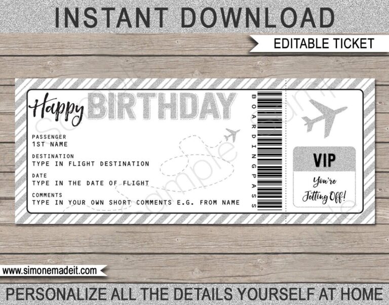 Birthday Gift Airplane Ticket Printable Boarding Pass Voucher Coupon Surprise Trip Reveal Silver Fake Plane EDITABLE TEXT DOWNLOAD