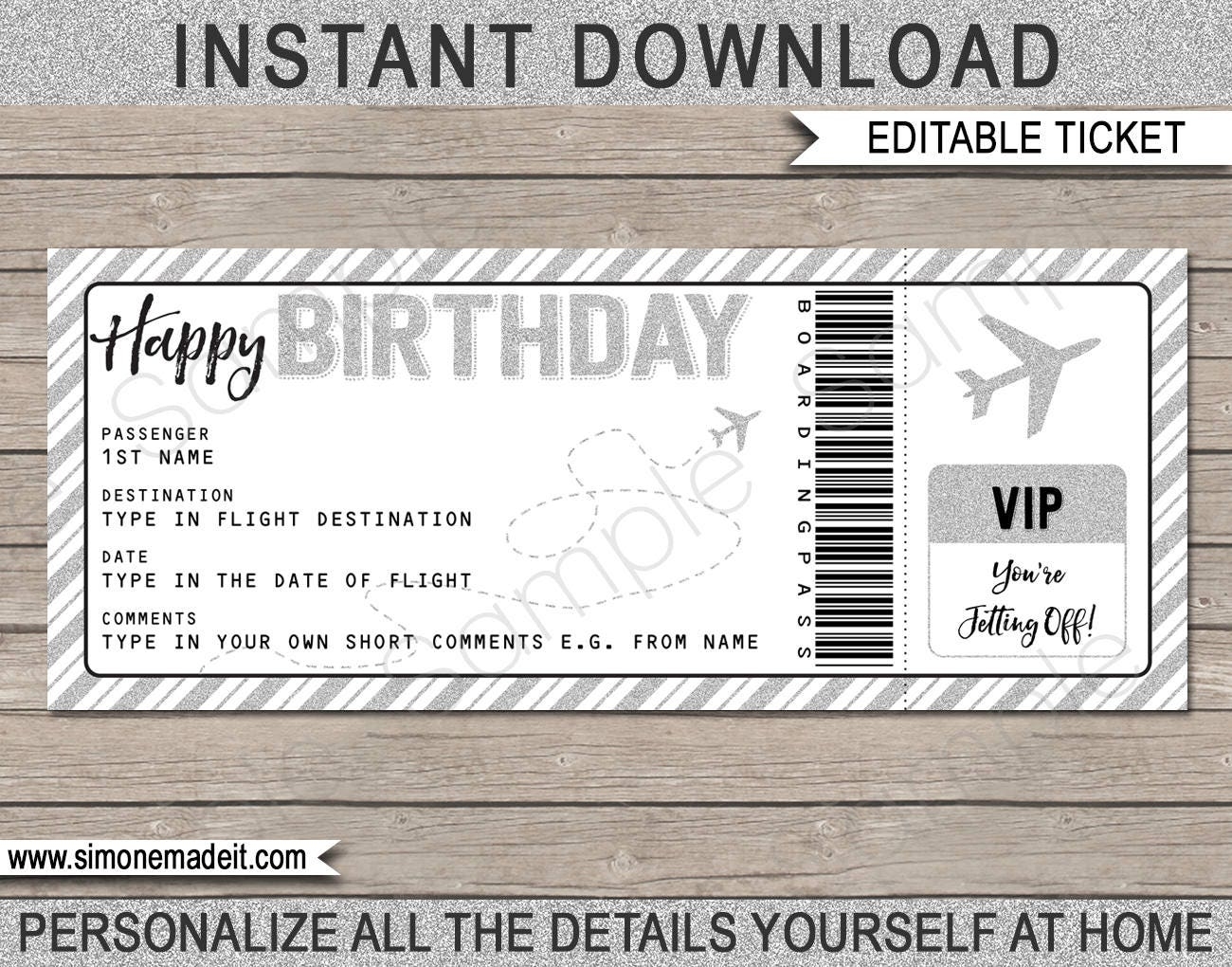 Birthday Gift Airplane Ticket Printable Boarding Pass Voucher Coupon Surprise Trip Reveal Silver Fake Plane EDITABLE TEXT DOWNLOAD