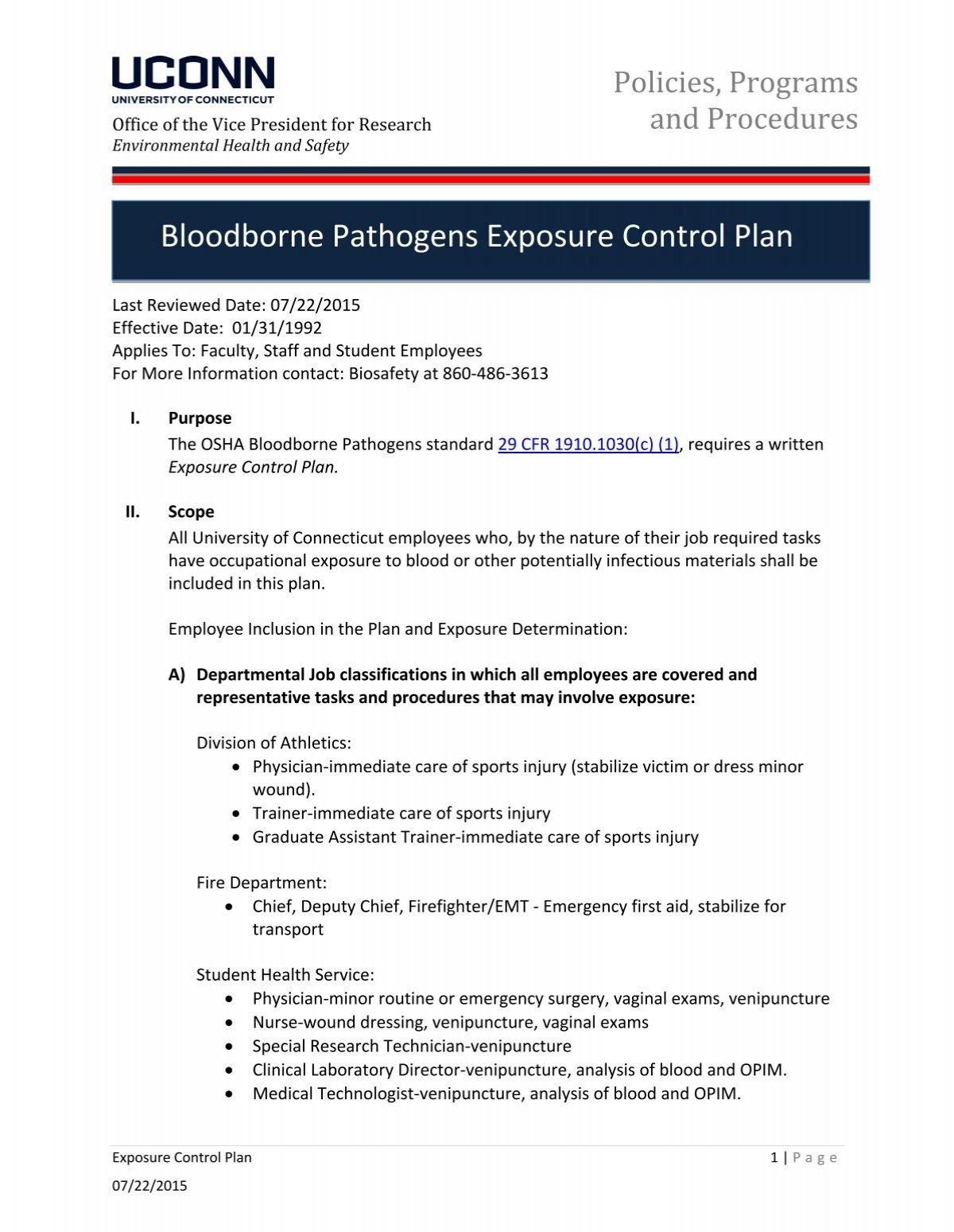 Bloodborne Pathogens Exposure Control Plan