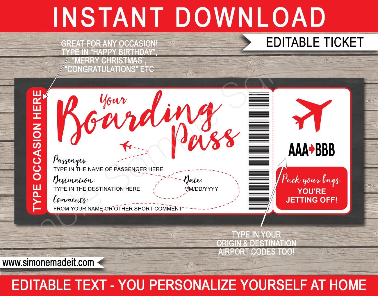 Boarding Pass Template Surprise Fake Plane Ticket Trip Gift Any 