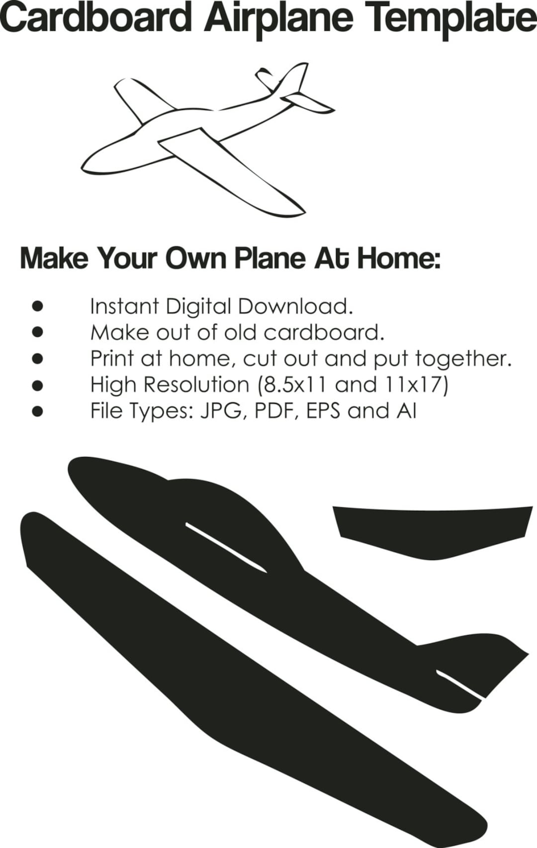 Cardboard Airplane Template Airplane Cutout On Paper Cardboard Airplane DIY Project INSTANT DOWNLOAD 09855 Etsy