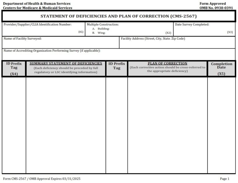 CMS 2567 STATEMENT OF DEFICIENCIES AND PLAN OF CORRECTION CMS 