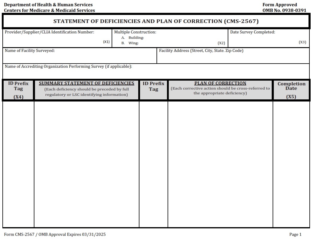 CMS 2567 STATEMENT OF DEFICIENCIES AND PLAN OF CORRECTION CMS 