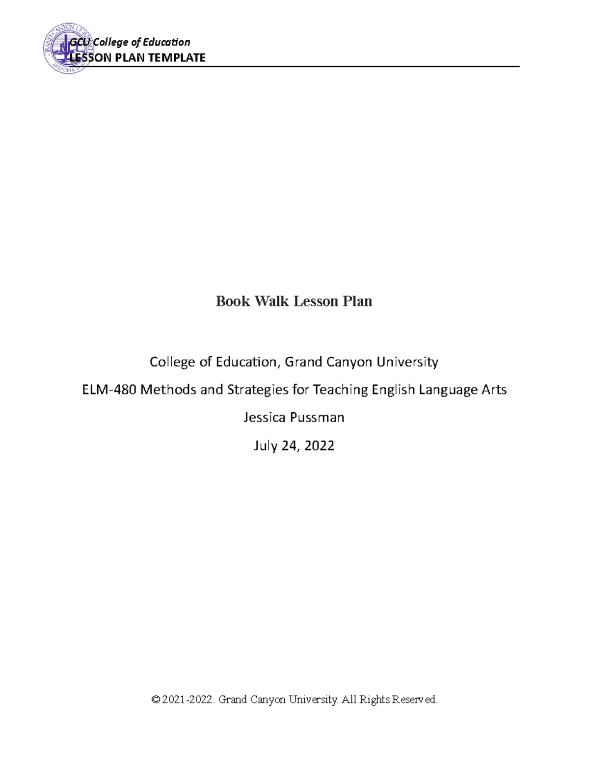 Coe Lesson Plan Template LESSON PLAN TEMPLATE Book Walk Lesson 