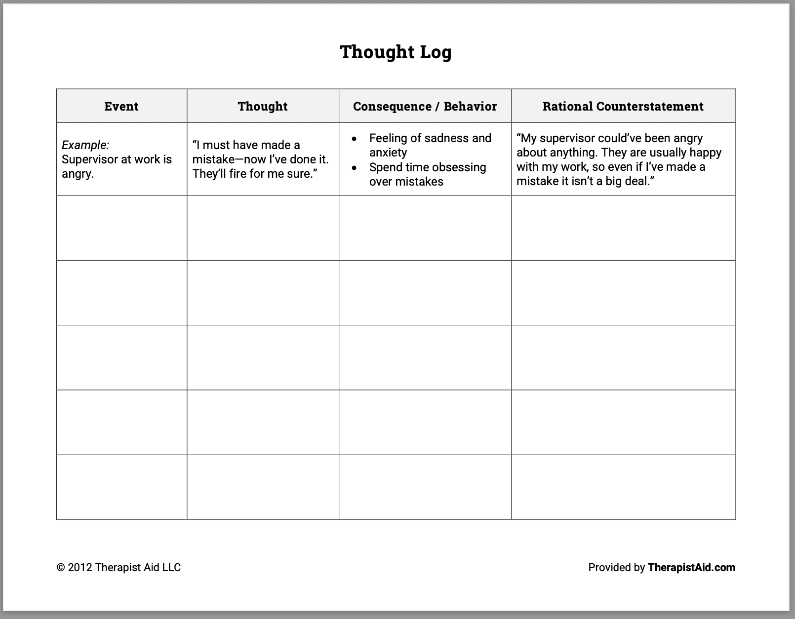 Cognitive Behavioral Therapy Worksheet Template U0026 Example Free 