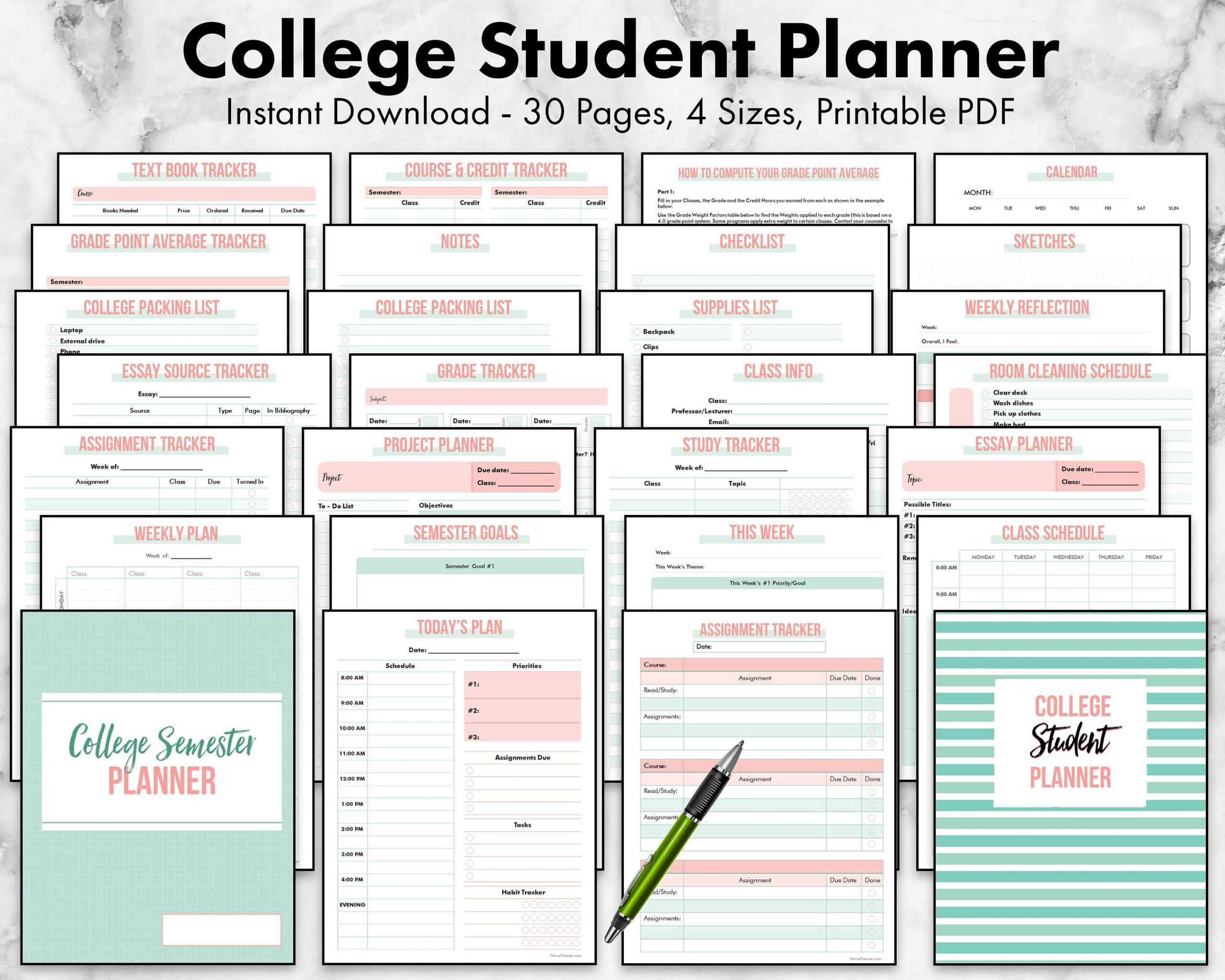 College Student Planner Printable Undated University Academic 