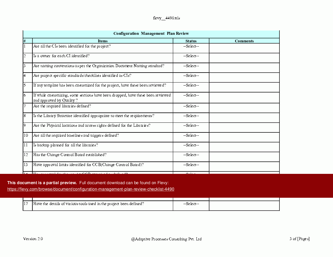 Configuration Management Plan Review Checklist Template Excel XLS