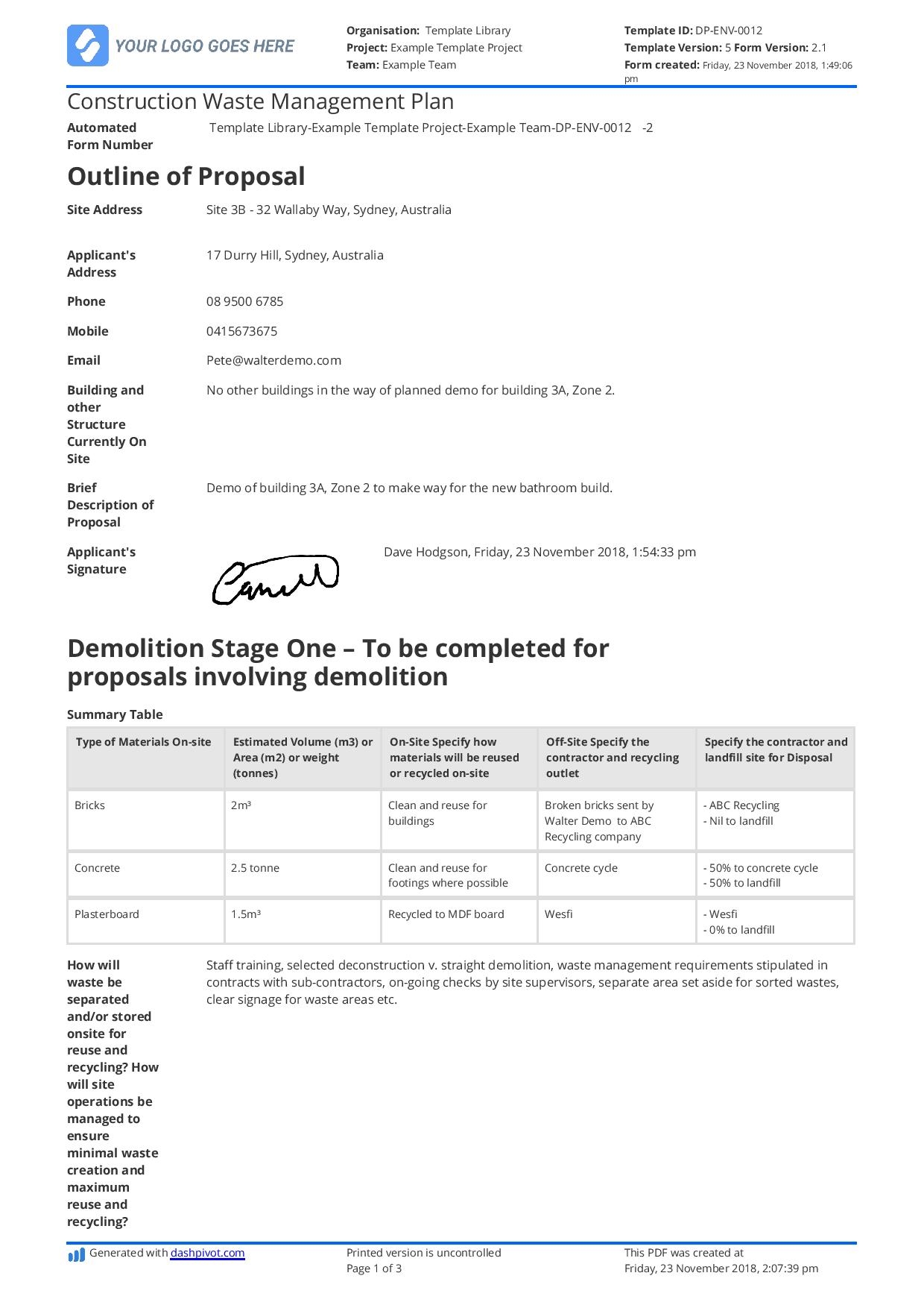 Waste Management Plan Template