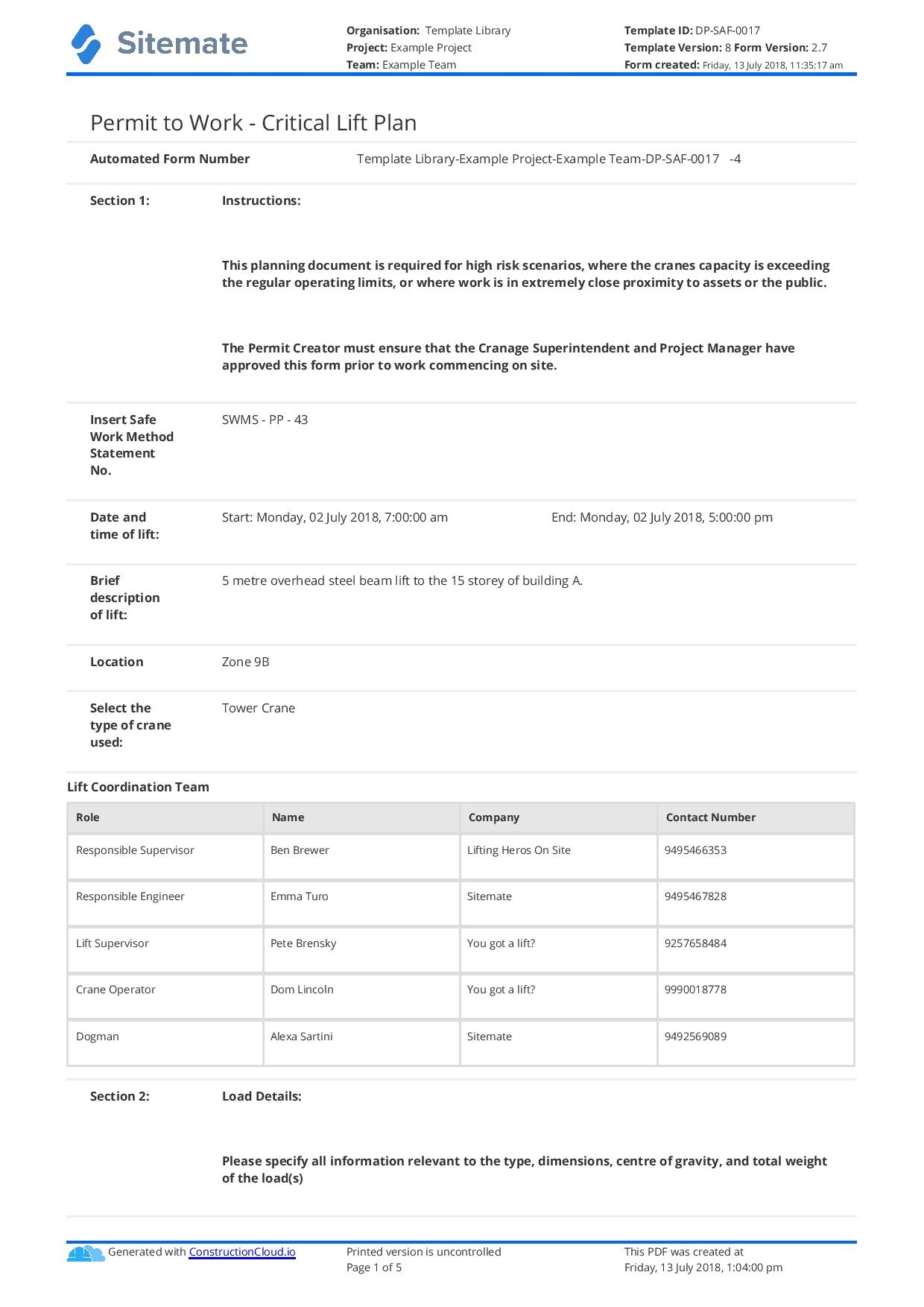 Critical Lift Plan Template Free And Customisable
